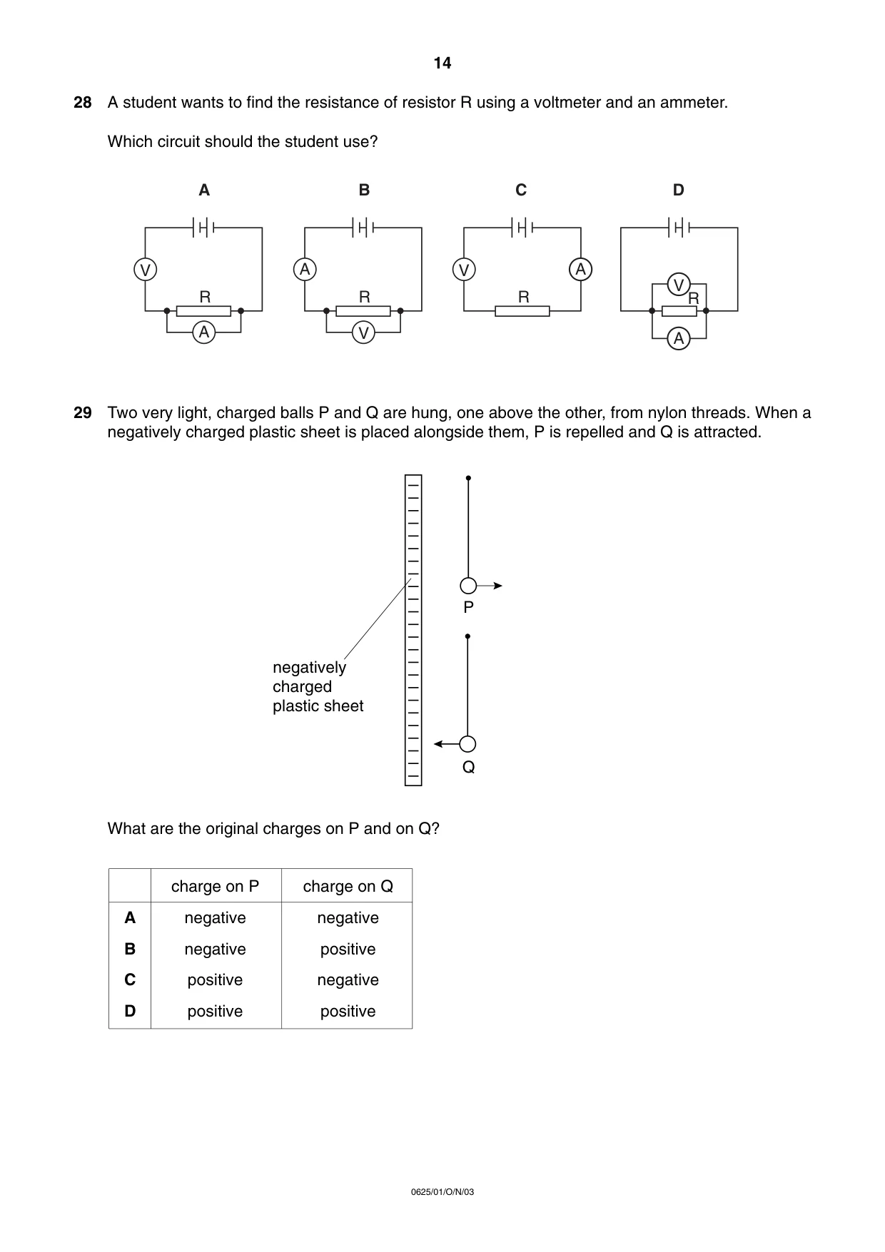 Cambridge IGCSE Physics 0625 2003 Oct/Nov Paper 1 · Variant 1 question paper, page 14 of 20