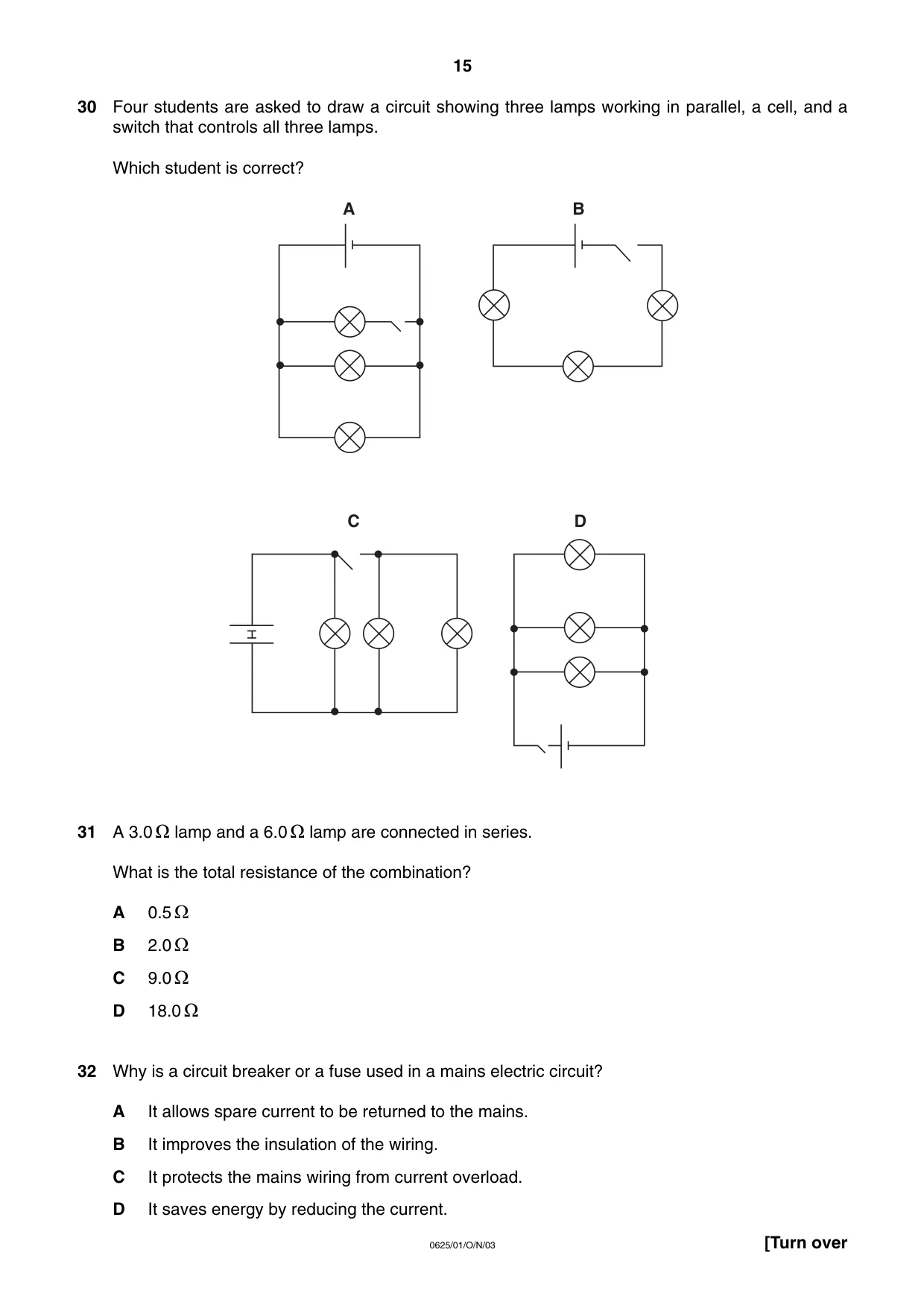 Cambridge IGCSE Physics 0625 2003 Oct/Nov Paper 1 · Variant 1 question paper, page 15 of 20