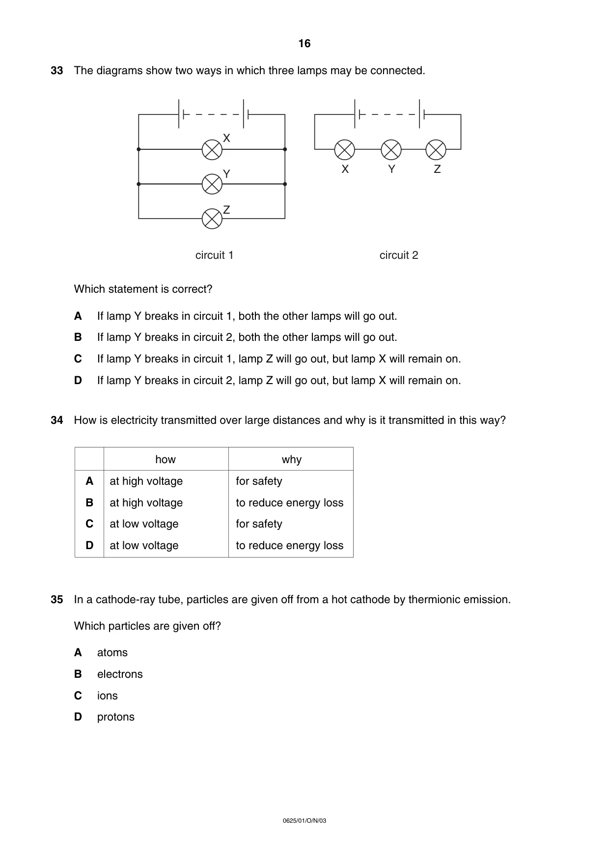 Cambridge IGCSE Physics 0625 2003 Oct/Nov Paper 1 · Variant 1 question paper, page 16 of 20