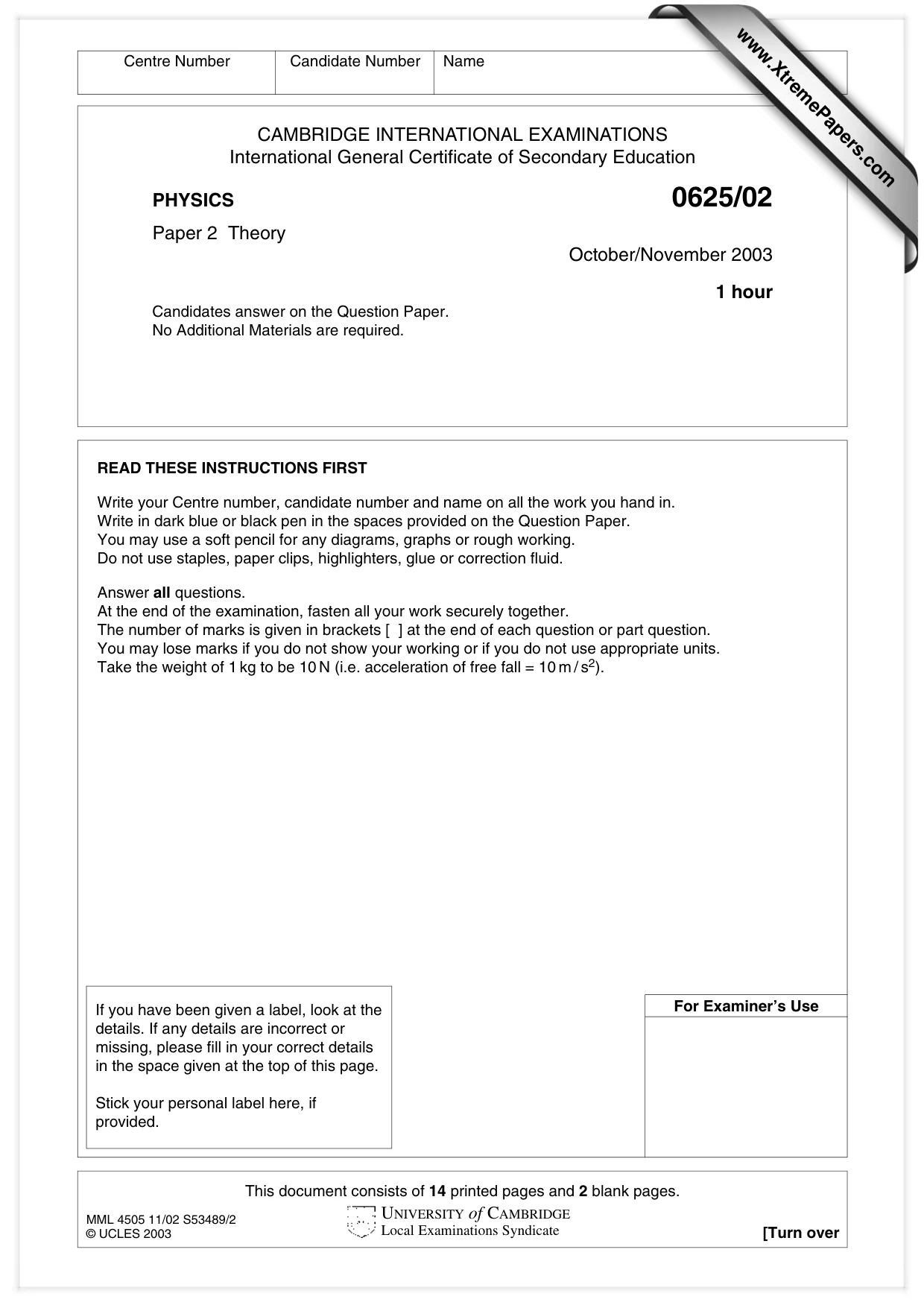 Cambridge IGCSE Physics 0625 2003 Oct/Nov Paper 2 · Variant 1 question paper, page 1 of 16
