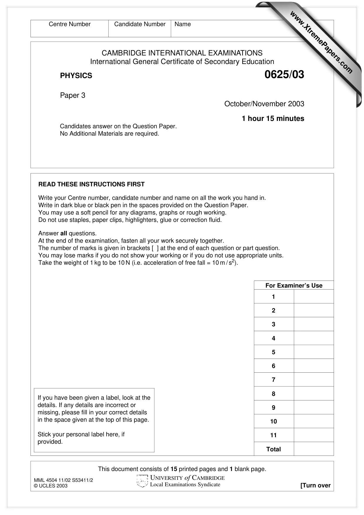 Cambridge IGCSE Physics 0625 2003 Oct/Nov Paper 3 · Variant 1 question paper, page 1 of 16