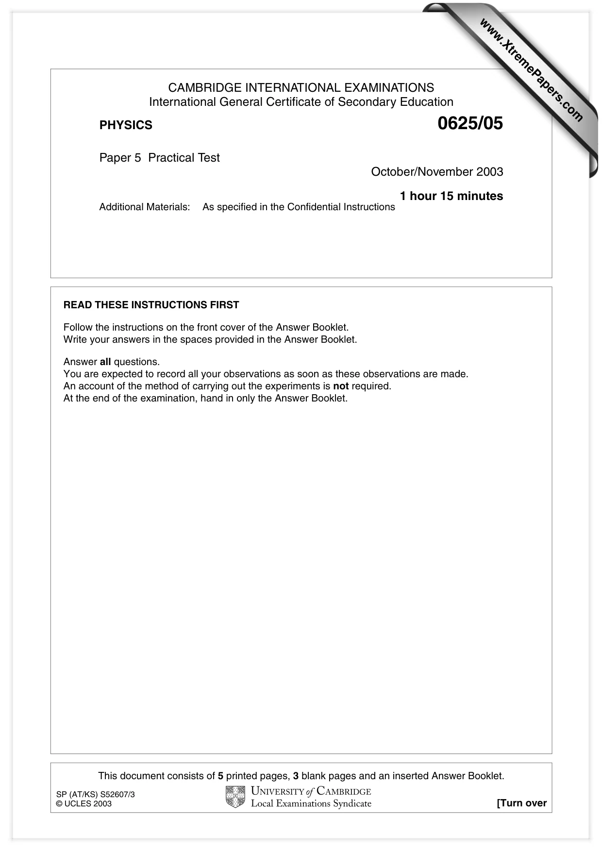 Cambridge IGCSE Physics 0625 2003 Oct/Nov Paper 5 · Variant 1 question paper, page 1 of 8