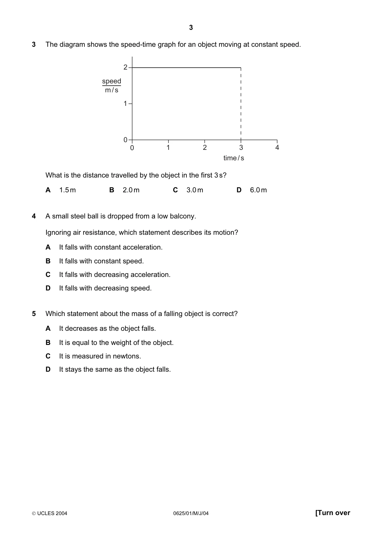 Cambridge IGCSE Physics 0625 2004 May/June Paper 1 · Variant 1 question paper, page 3 of 20