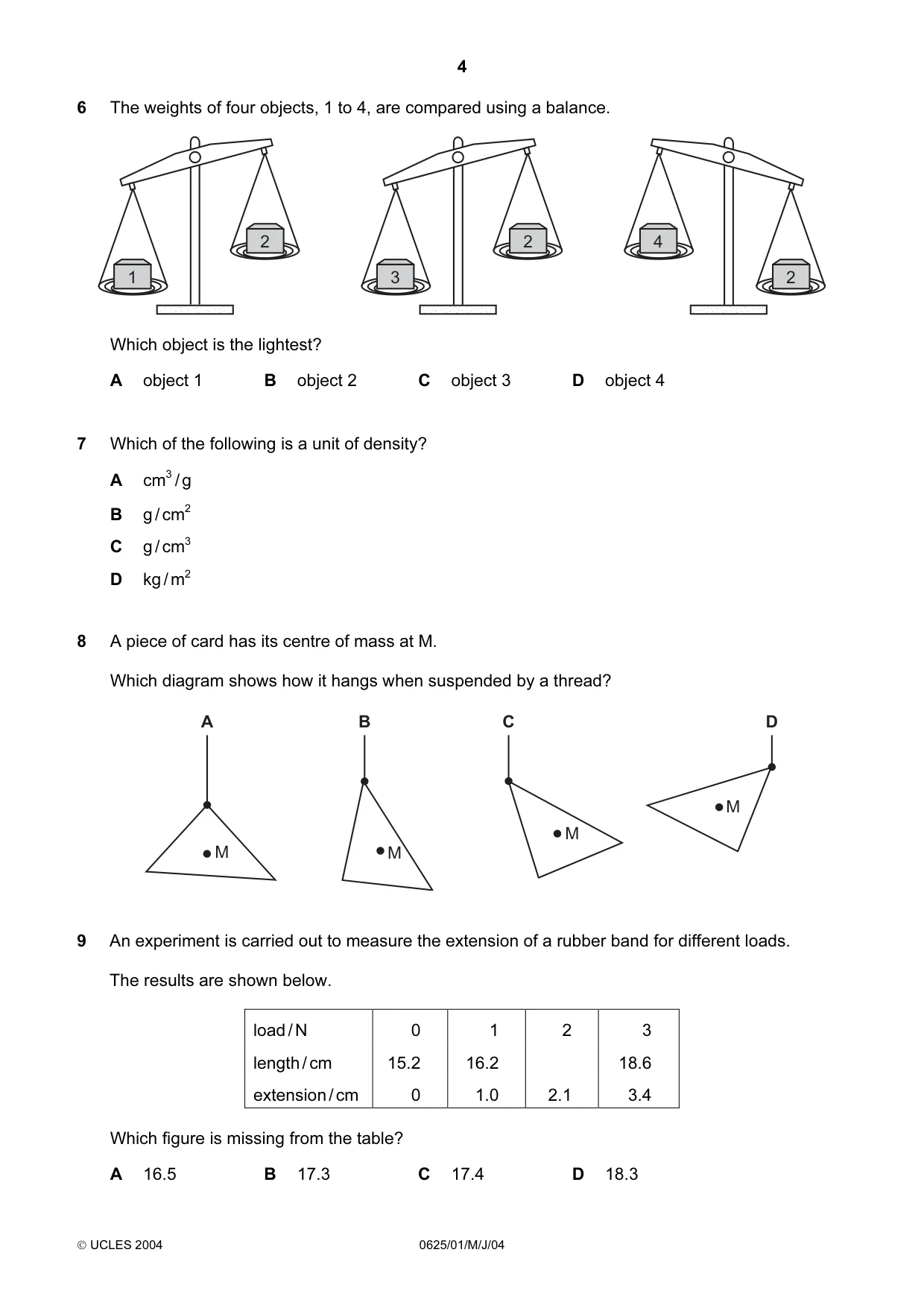 Cambridge IGCSE Physics 0625 2004 May/June Paper 1 · Variant 1 question paper, page 4 of 20