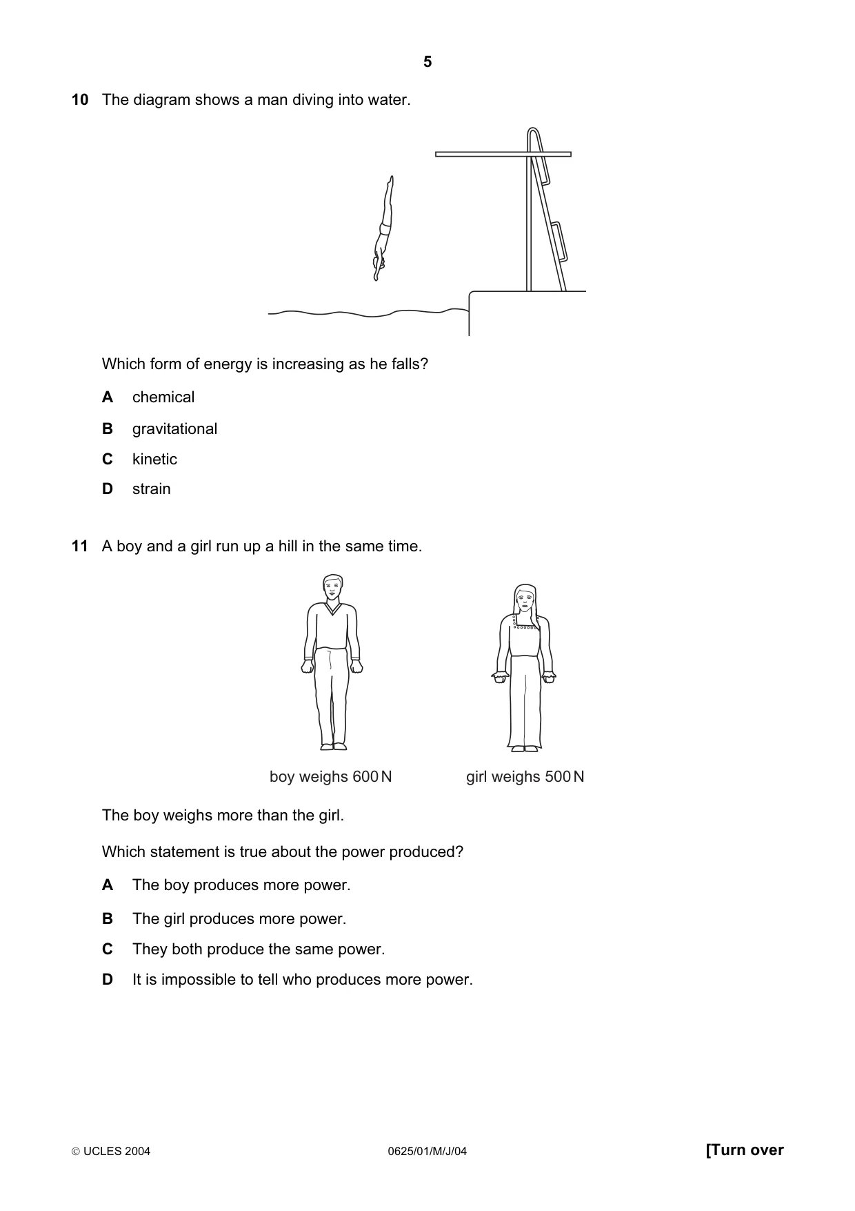 Cambridge IGCSE Physics 0625 2004 May/June Paper 1 · Variant 1 question paper, page 5 of 20