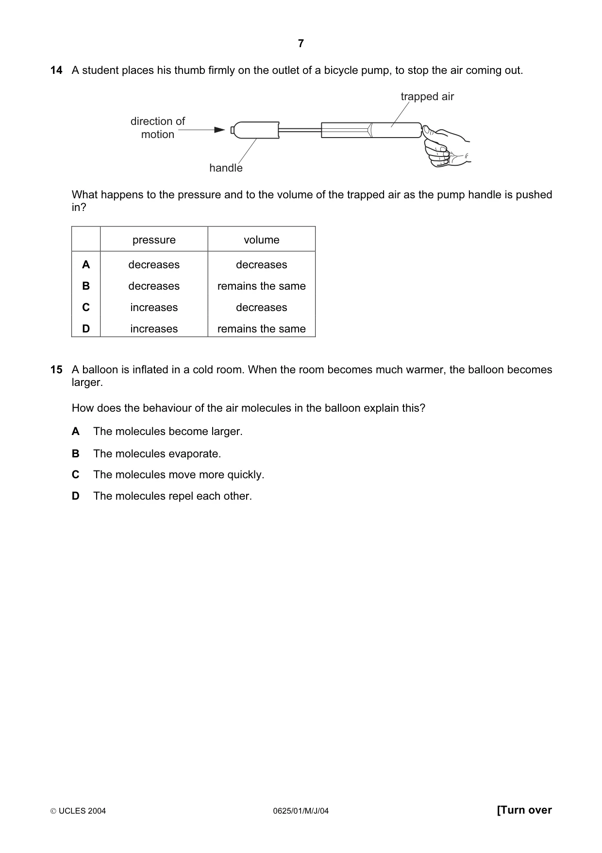 Cambridge IGCSE Physics 0625 2004 May/June Paper 1 · Variant 1 question paper, page 7 of 20