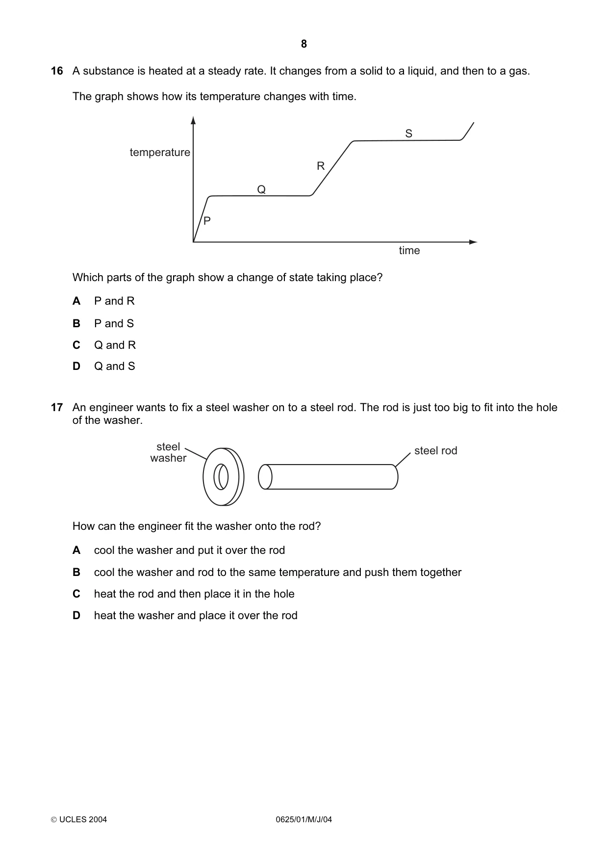 Cambridge IGCSE Physics 0625 2004 May/June Paper 1 · Variant 1 question paper, page 8 of 20