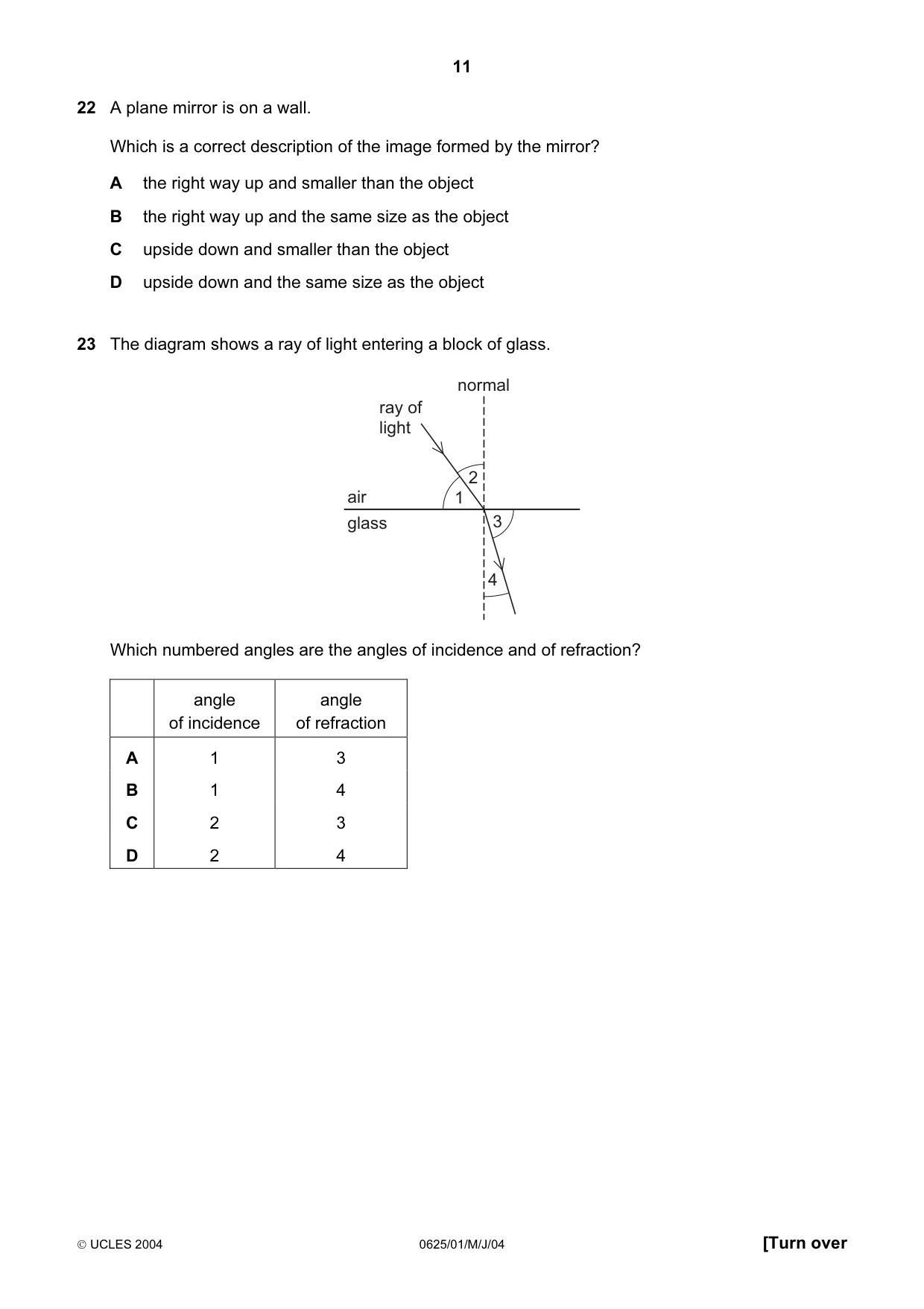 Cambridge IGCSE Physics 0625 2004 May/June Paper 1 · Variant 1 question paper, page 11 of 20