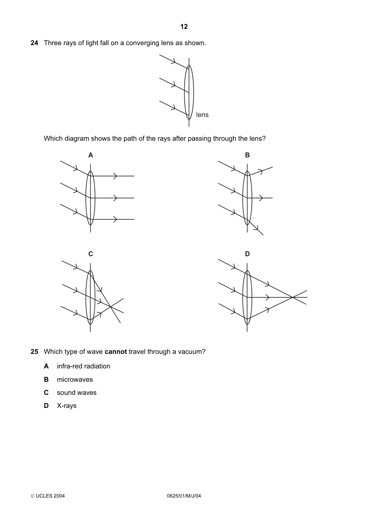 Cambridge IGCSE Physics 0625 2004 May/June Paper 1 · Variant 1 question paper, page 12 of 20