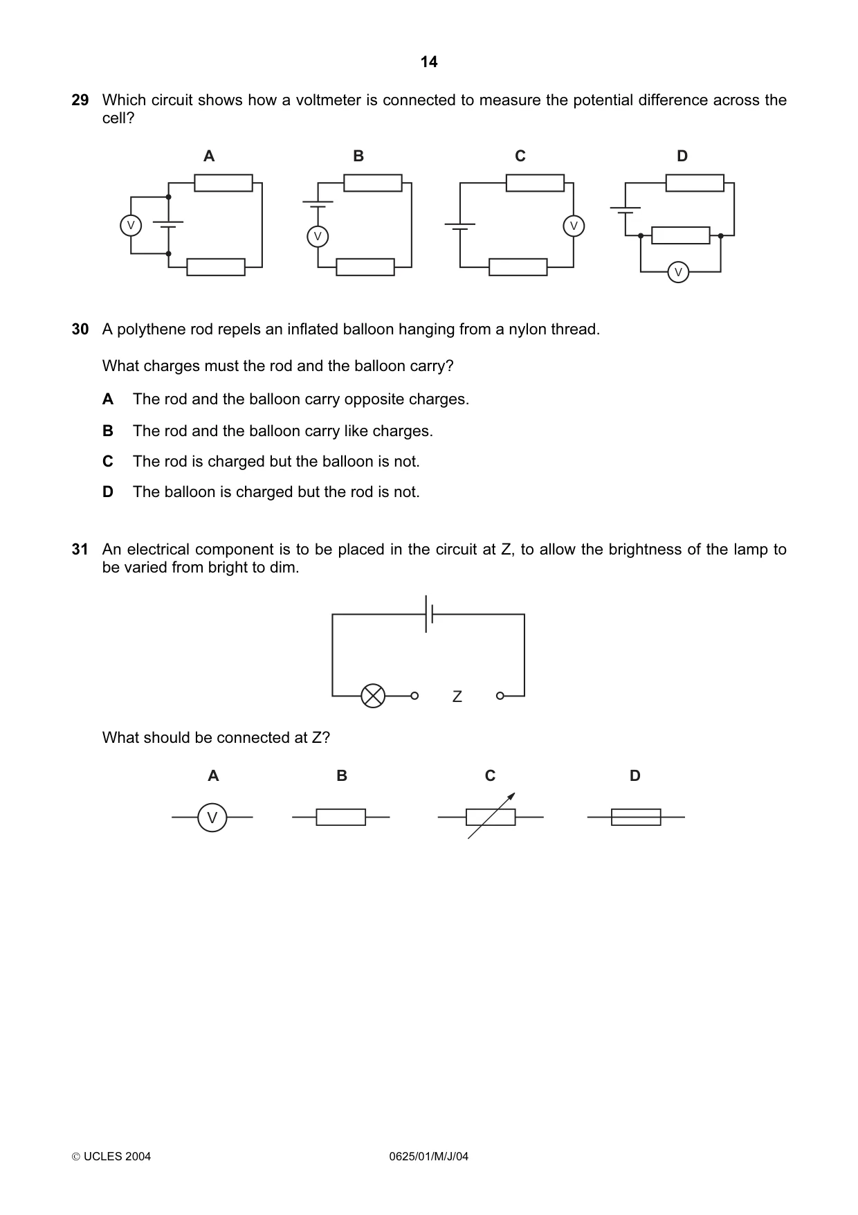 Cambridge IGCSE Physics 0625 2004 May/June Paper 1 · Variant 1 question paper, page 14 of 20