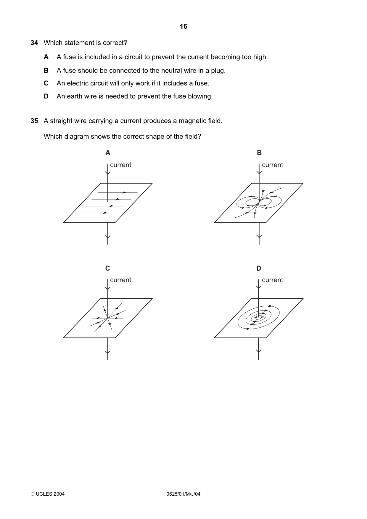 Cambridge IGCSE Physics 0625 2004 May/June Paper 1 · Variant 1 question paper, page 16 of 20