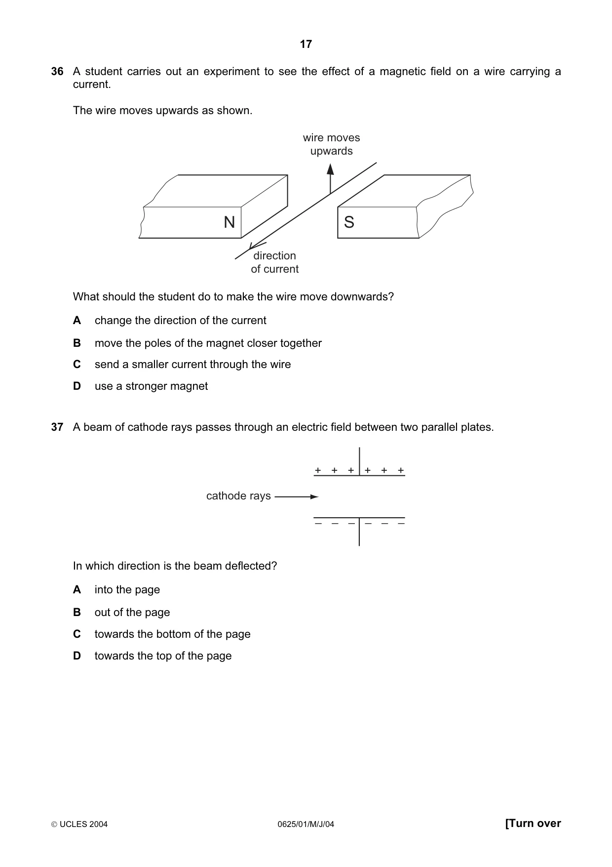 Cambridge IGCSE Physics 0625 2004 May/June Paper 1 · Variant 1 question paper, page 17 of 20