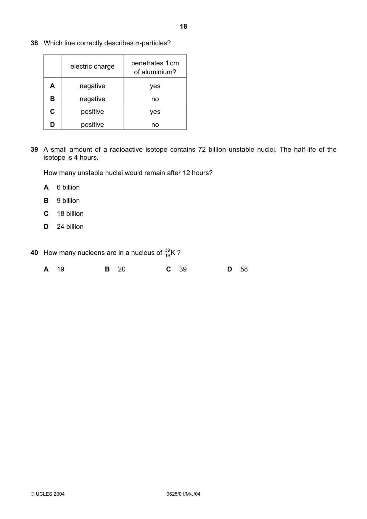Cambridge IGCSE Physics 0625 2004 May/June Paper 1 · Variant 1 question paper, page 18 of 20