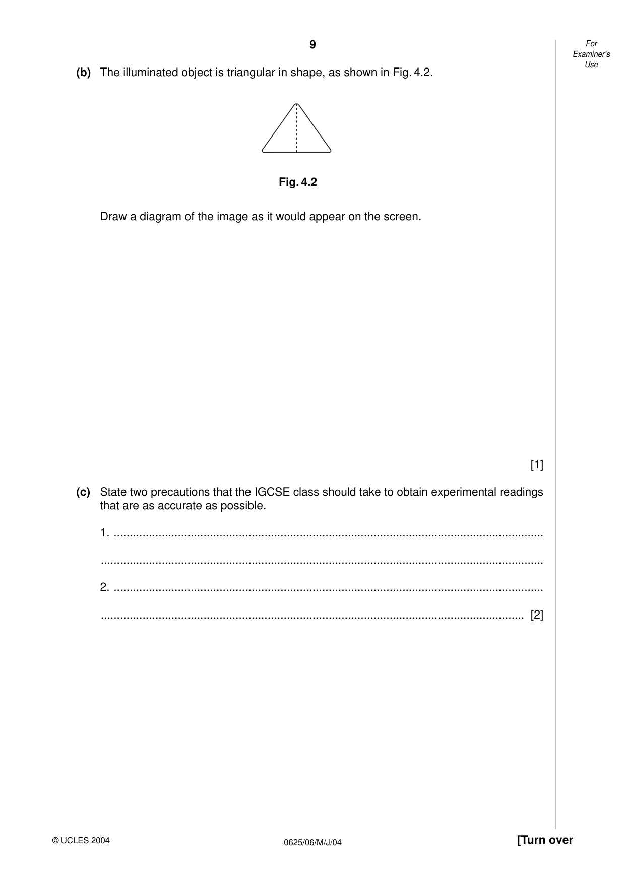 Cambridge IGCSE Physics 0625 2004 May/June Paper 6 · Variant 1 question paper, page 9 of 12