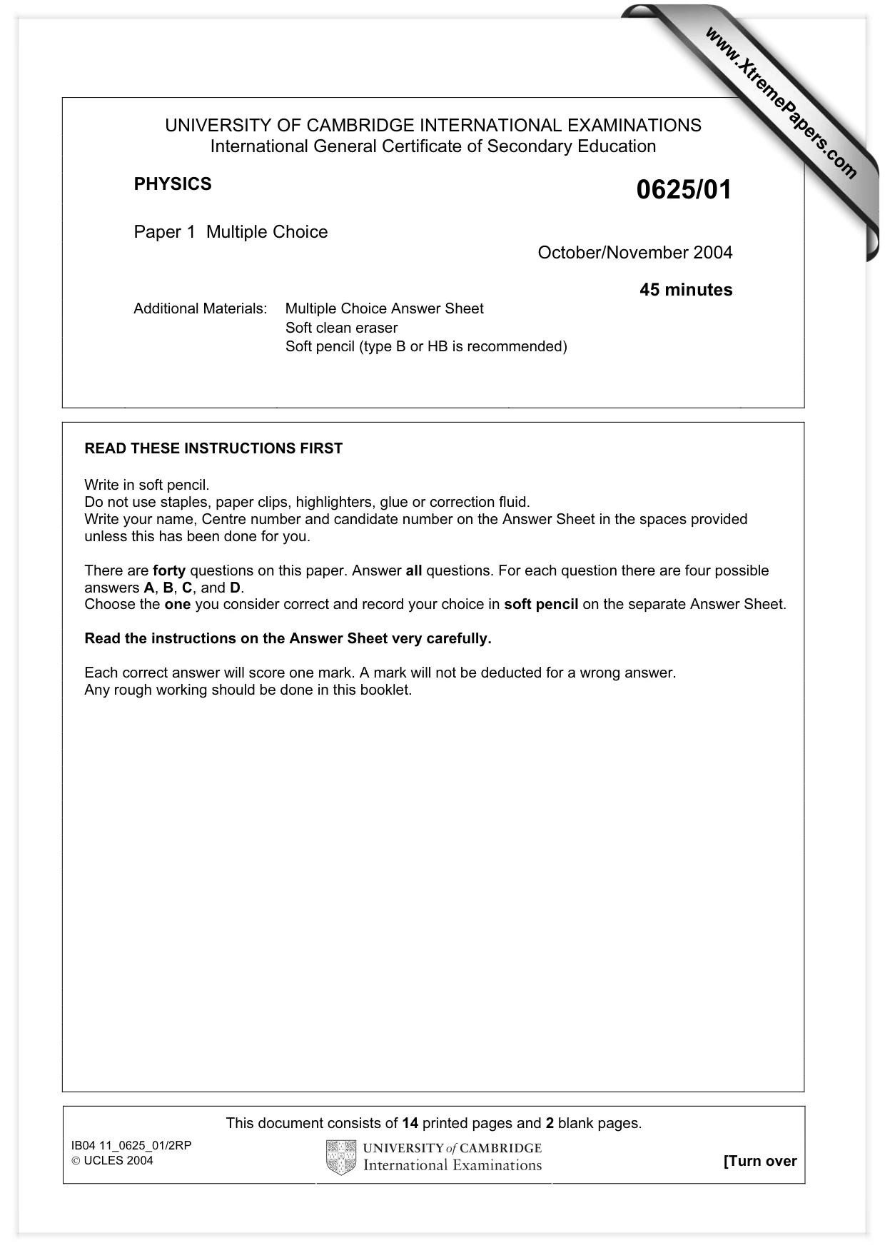 Cambridge IGCSE Physics 0625 2004 Oct/Nov Paper 1 · Variant 1 question paper, page 1 of 16