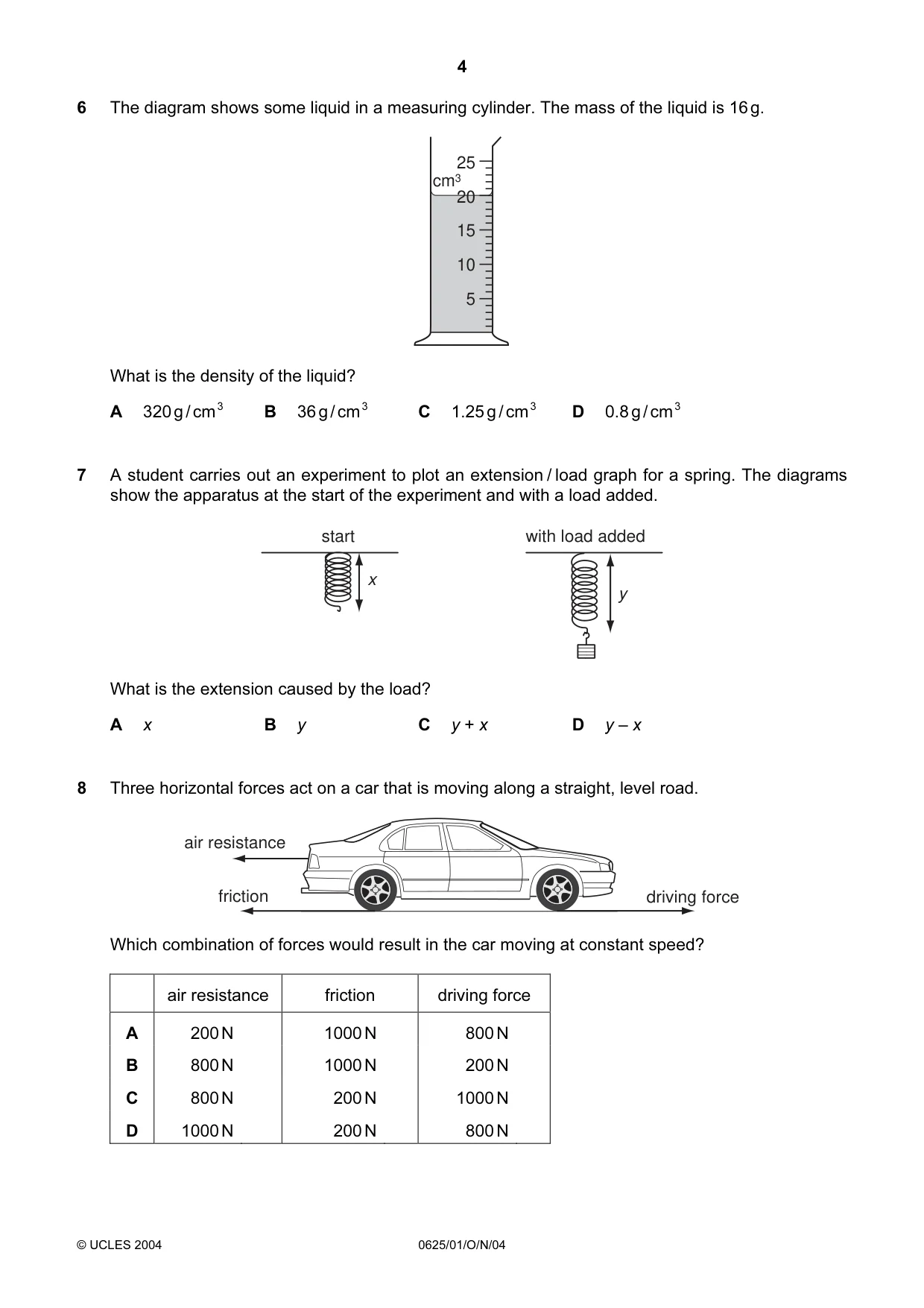 Cambridge IGCSE Physics 0625 2004 Oct/Nov Paper 1 · Variant 1 question paper, page 4 of 16