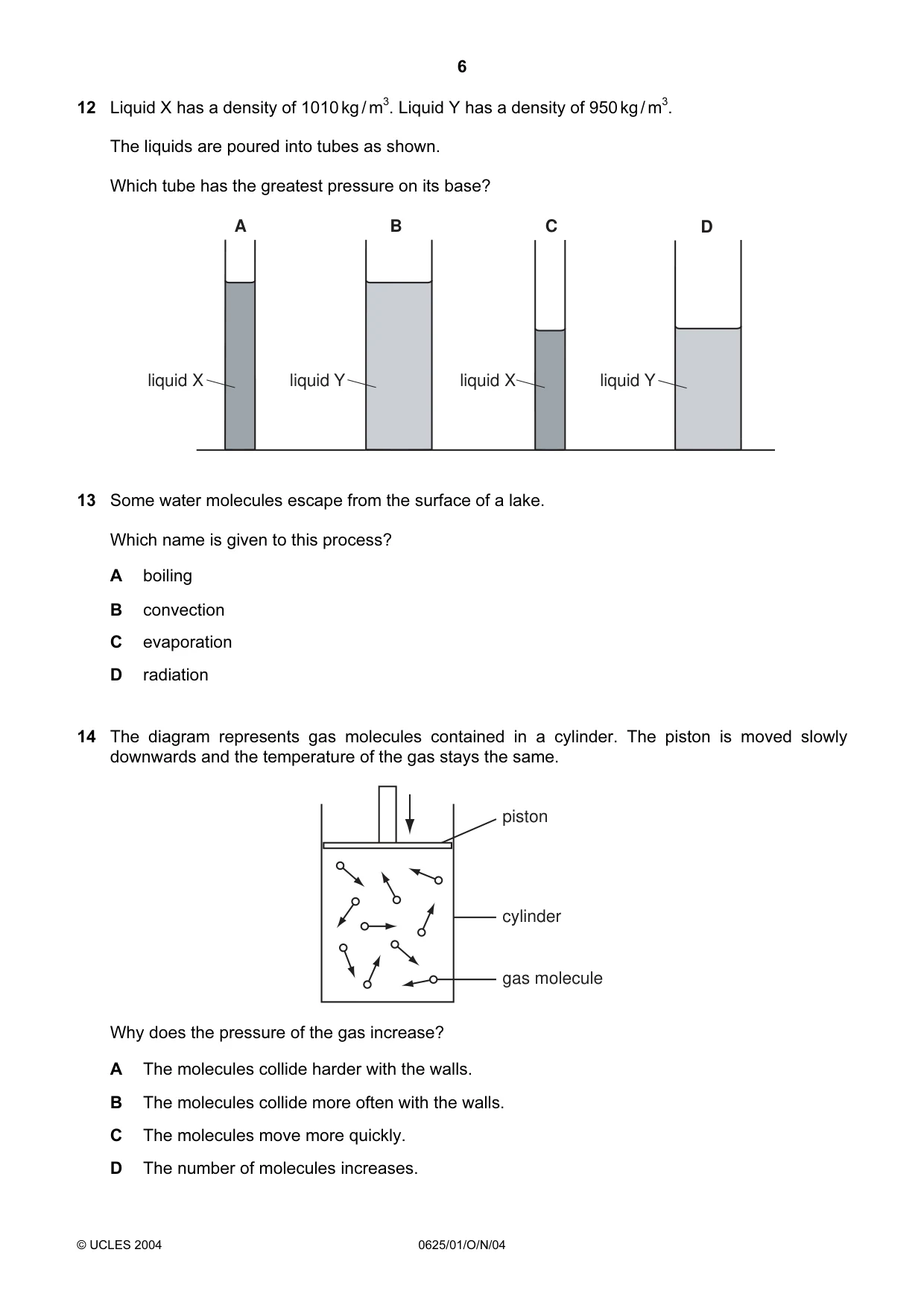 Cambridge IGCSE Physics 0625 2004 Oct/Nov Paper 1 · Variant 1 question paper, page 6 of 16