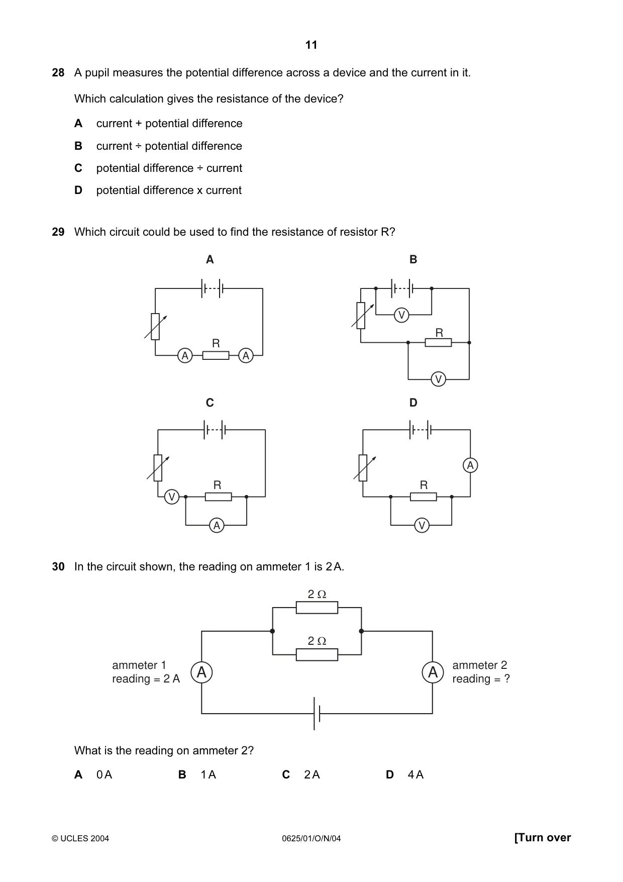 Cambridge IGCSE Physics 0625 2004 Oct/Nov Paper 1 · Variant 1 question paper, page 11 of 16
