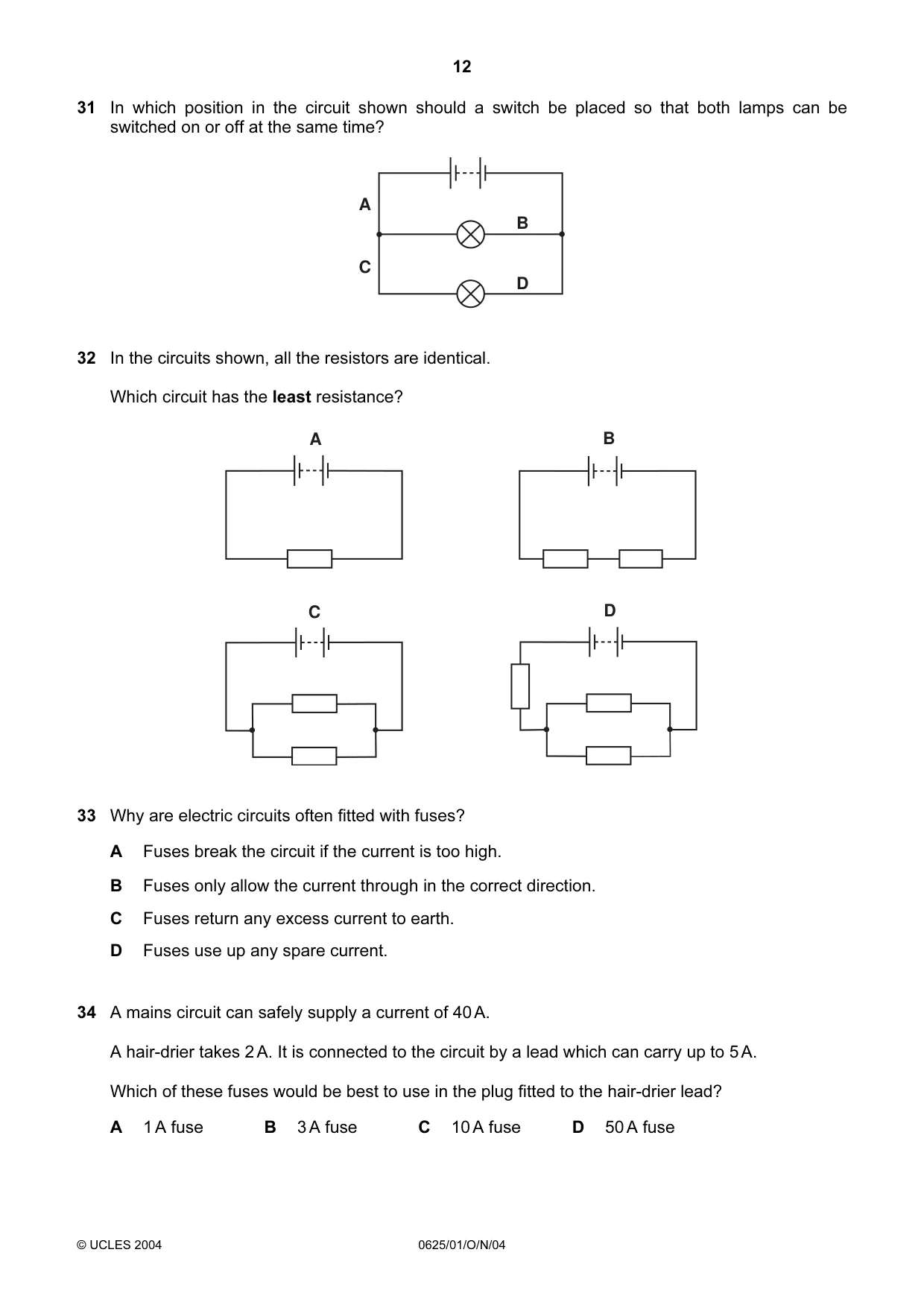 Cambridge IGCSE Physics 0625 2004 Oct/Nov Paper 1 · Variant 1 question paper, page 12 of 16