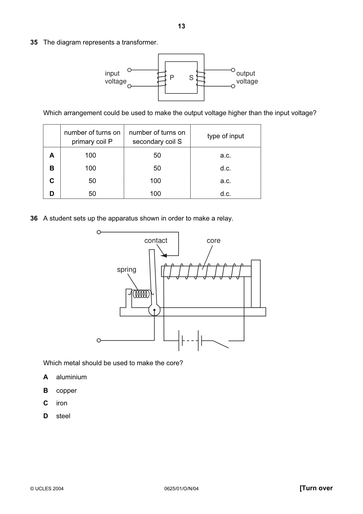 Cambridge IGCSE Physics 0625 2004 Oct/Nov Paper 1 · Variant 1 question paper, page 13 of 16