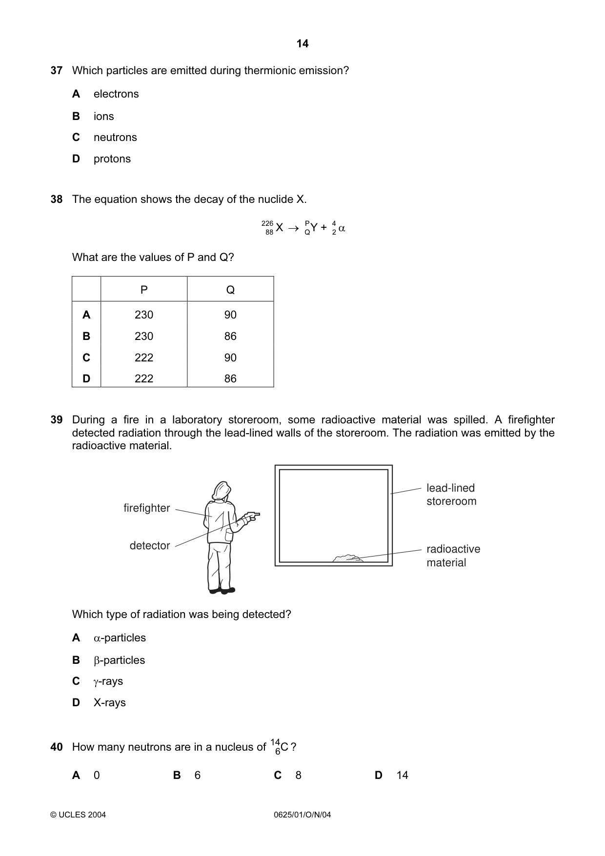 Cambridge IGCSE Physics 0625 2004 Oct/Nov Paper 1 · Variant 1 question paper, page 14 of 16