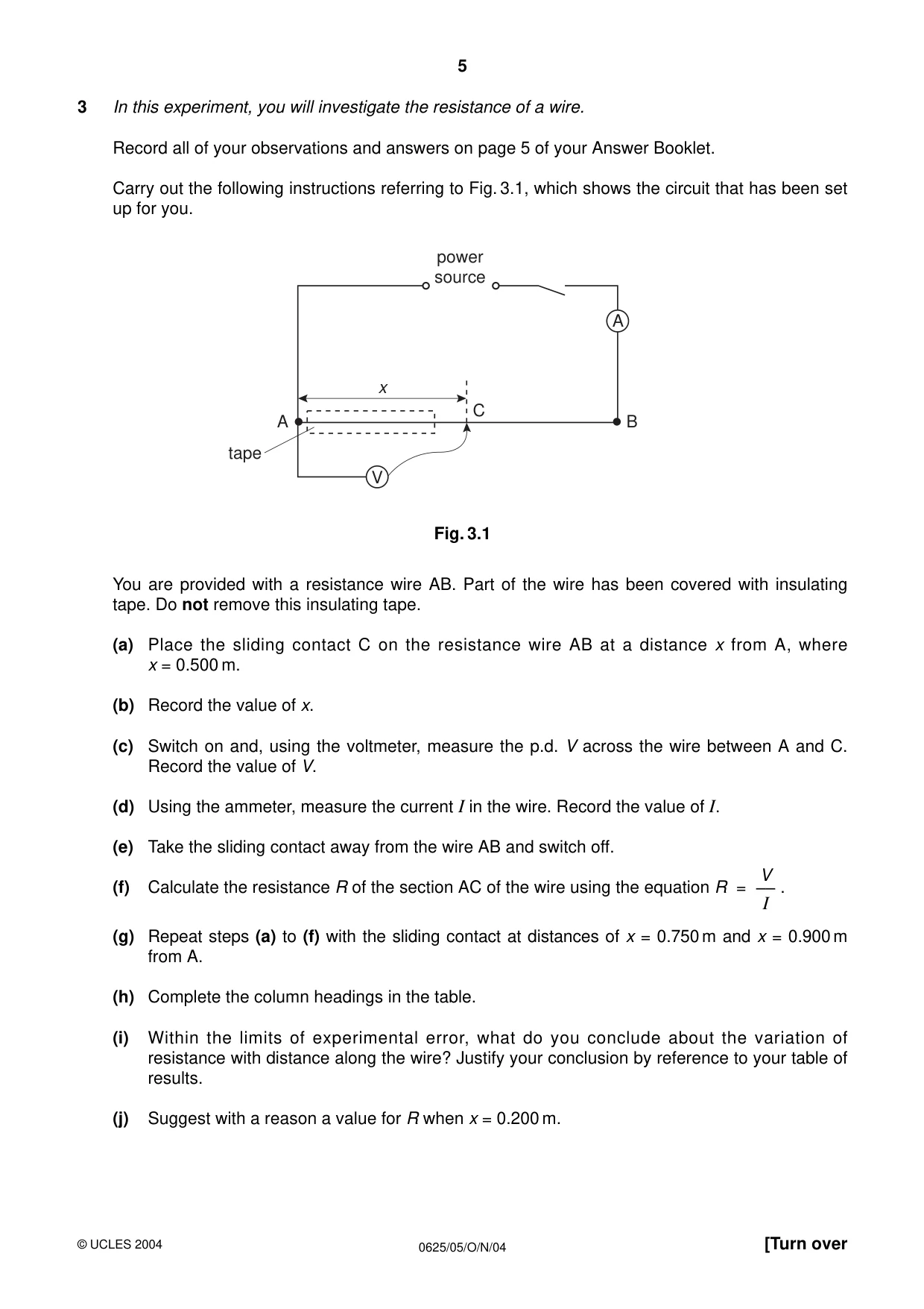 Cambridge IGCSE Physics 0625 2004 Oct/Nov Paper 5 · Variant 1 question paper, page 5 of 8
