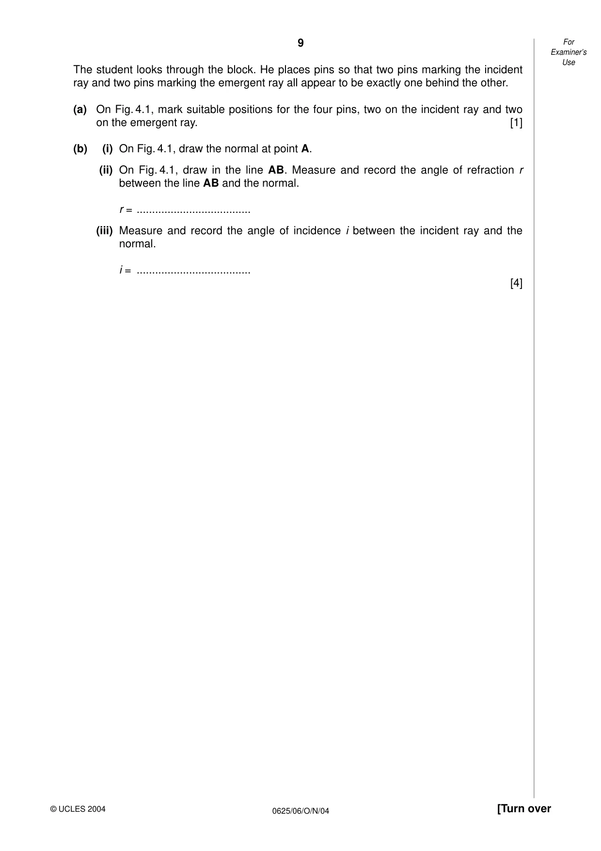 Cambridge IGCSE Physics 0625 2004 Oct/Nov Paper 6 · Variant 1 question paper, page 9 of 12