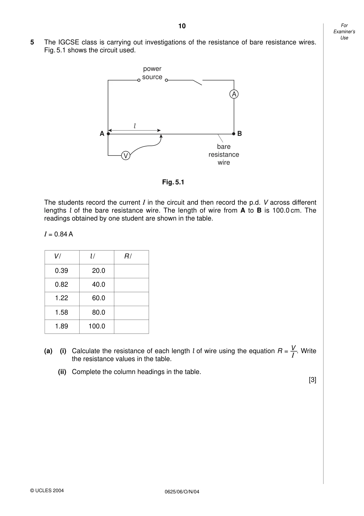 Cambridge IGCSE Physics 0625 2004 Oct/Nov Paper 6 · Variant 1 question paper, page 10 of 12