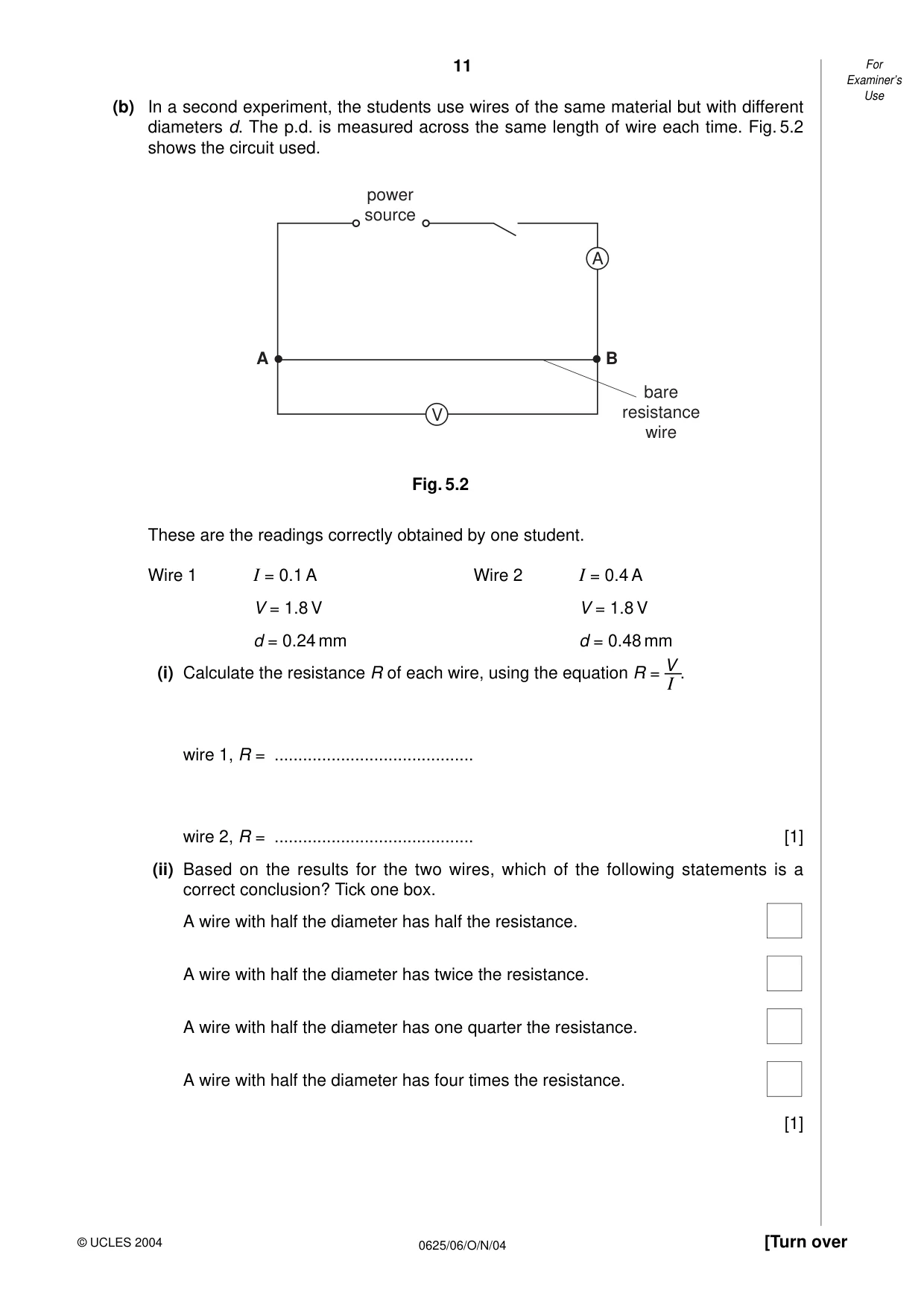 Cambridge IGCSE Physics 0625 2004 Oct/Nov Paper 6 · Variant 1 question paper, page 11 of 12