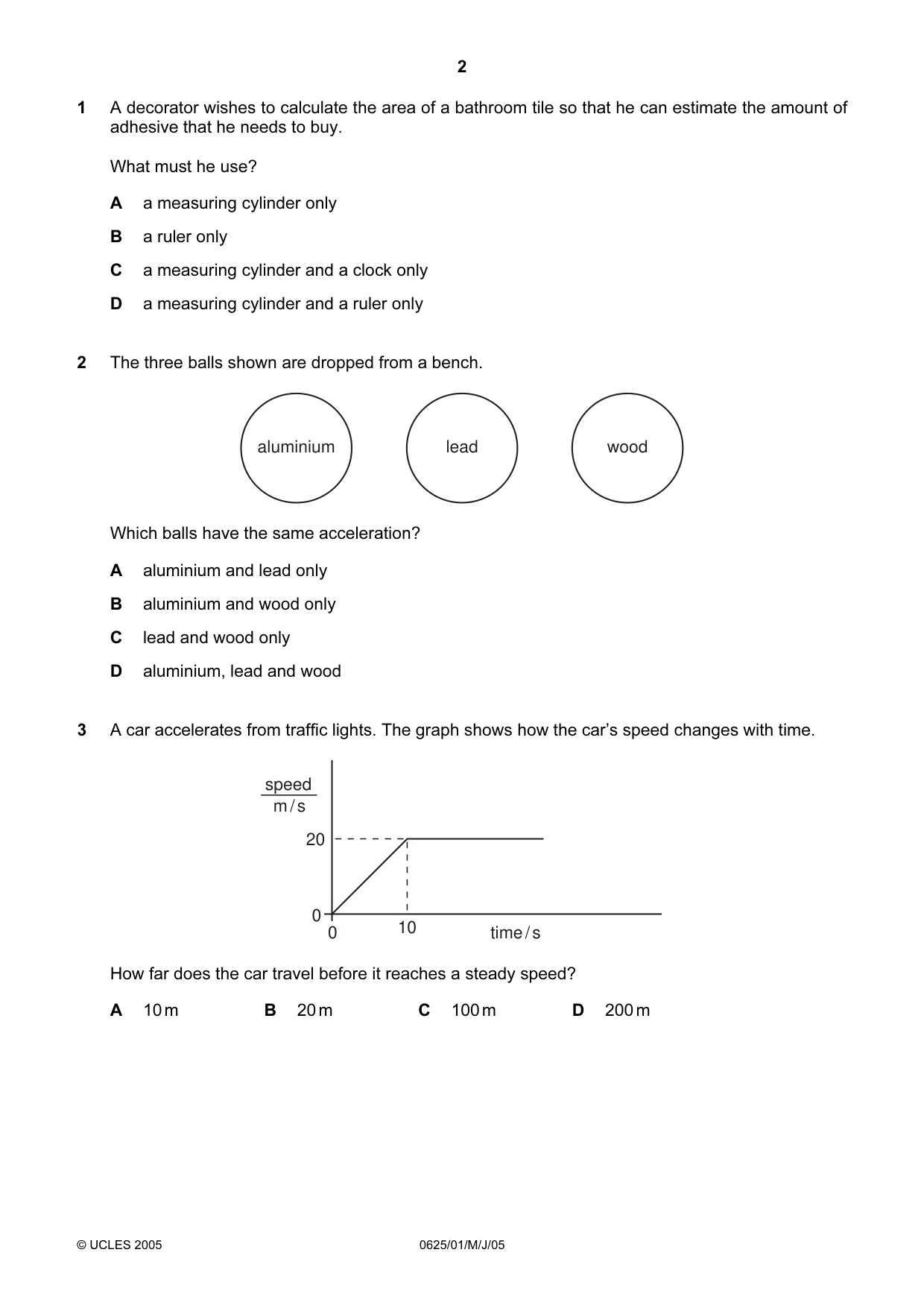Cambridge IGCSE Physics 0625 2005 May/June Paper 1 · Variant 1 question paper, page 2 of 20