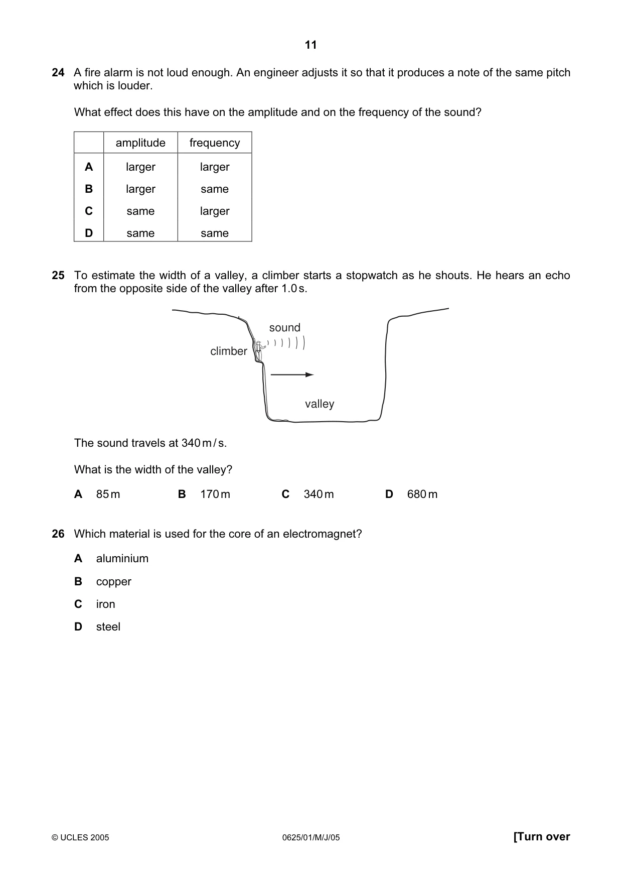 Cambridge IGCSE Physics 0625 2005 May/June Paper 1 · Variant 1 question paper, page 11 of 20