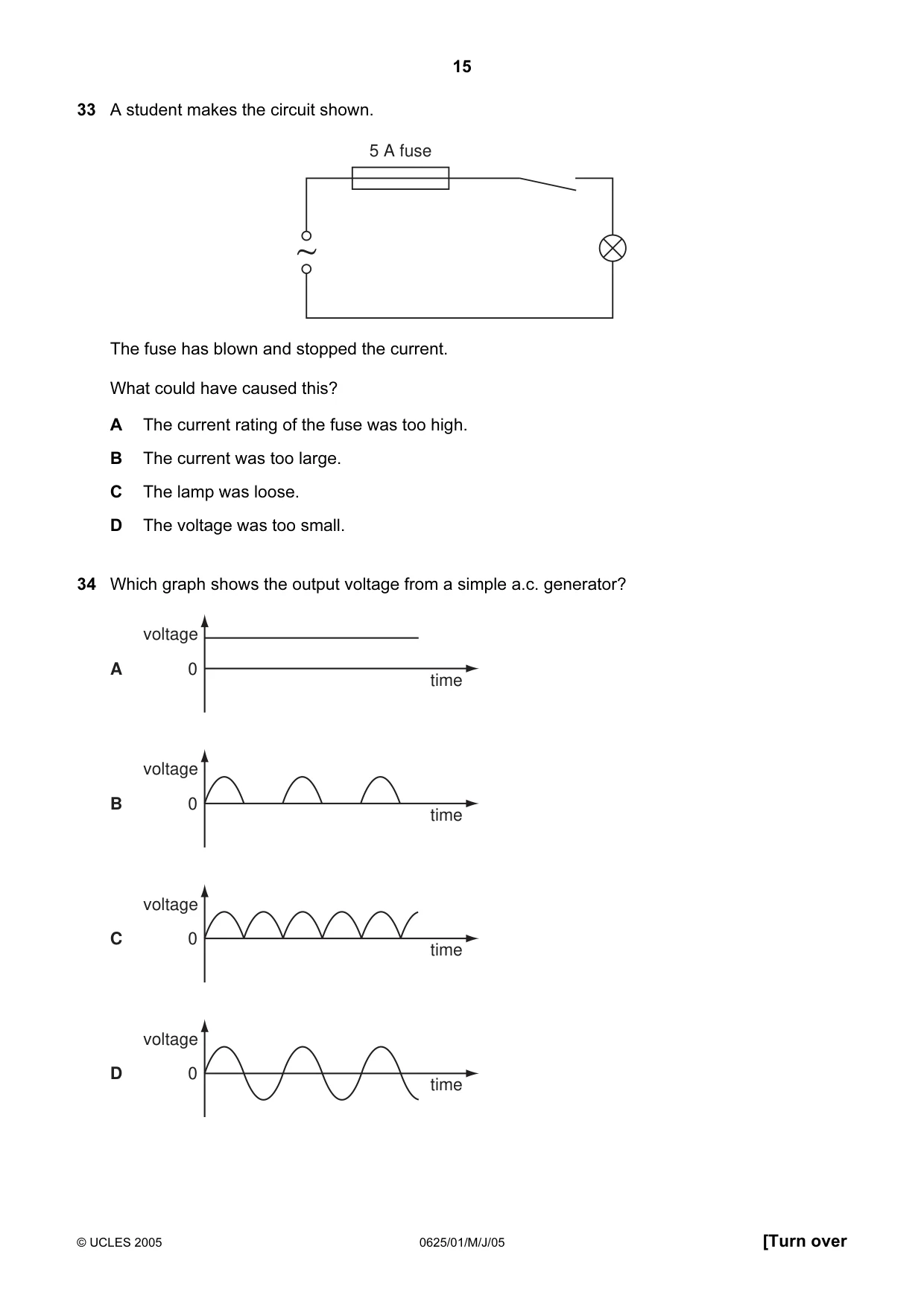 Cambridge IGCSE Physics 0625 2005 May/June Paper 1 · Variant 1 question paper, page 15 of 20