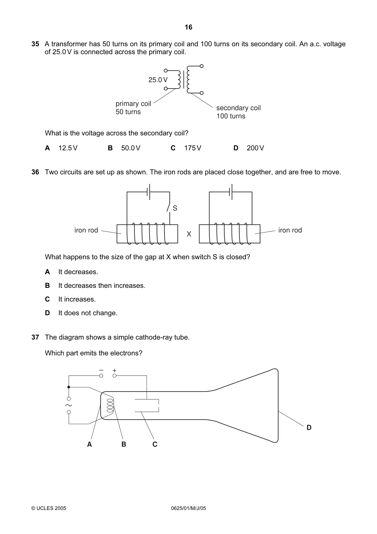Cambridge IGCSE Physics 0625 2005 May/June Paper 1 · Variant 1 question paper, page 16 of 20