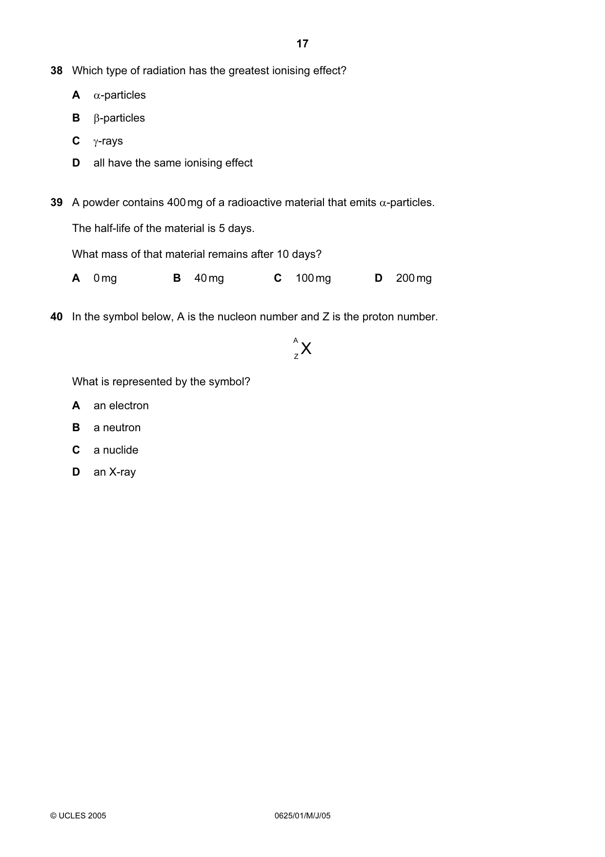 Cambridge IGCSE Physics 0625 2005 May/June Paper 1 · Variant 1 question paper, page 17 of 20