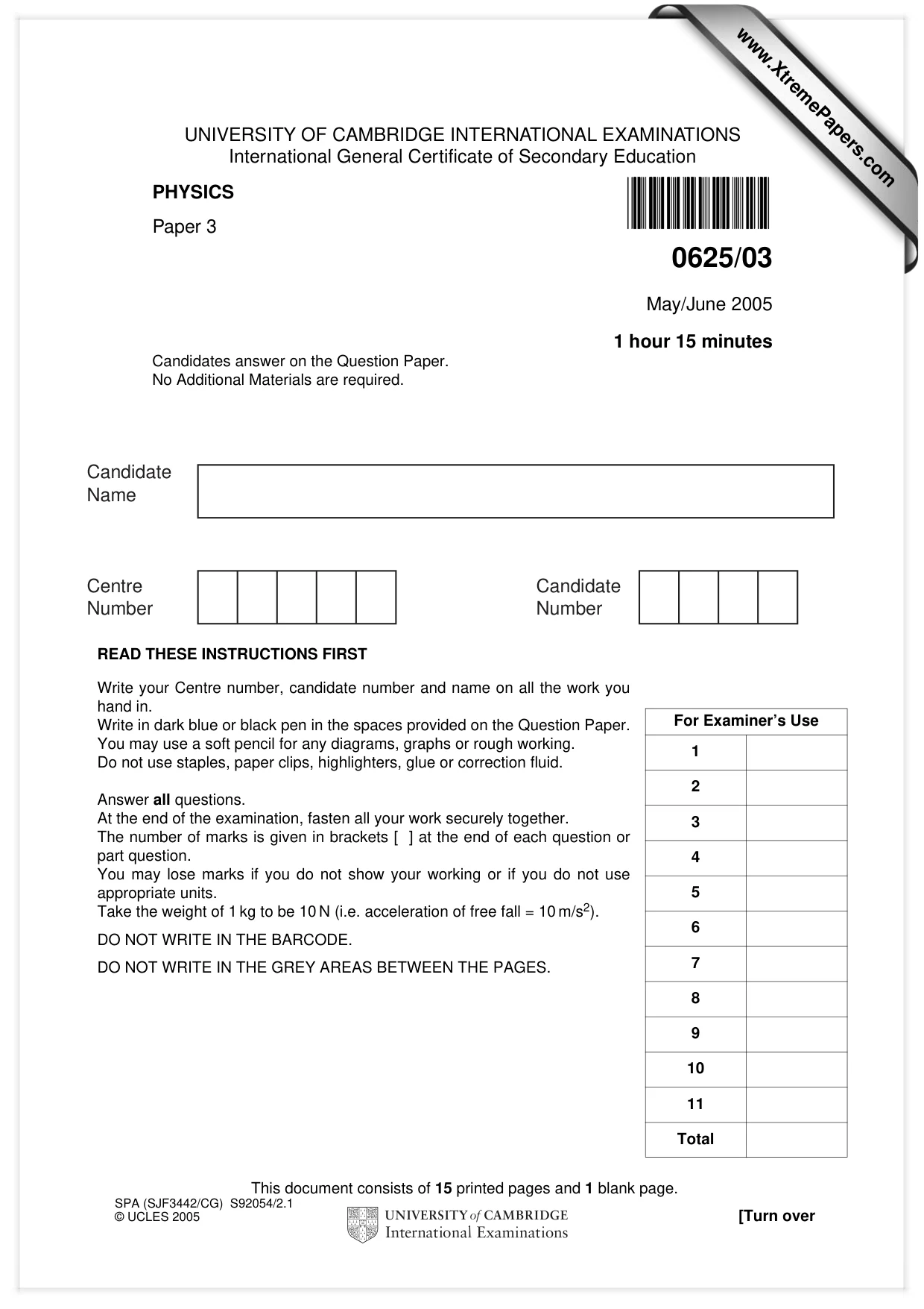 Cambridge IGCSE Physics 0625 2005 May/June Paper 3 · Variant 1 question paper, page 1 of 16