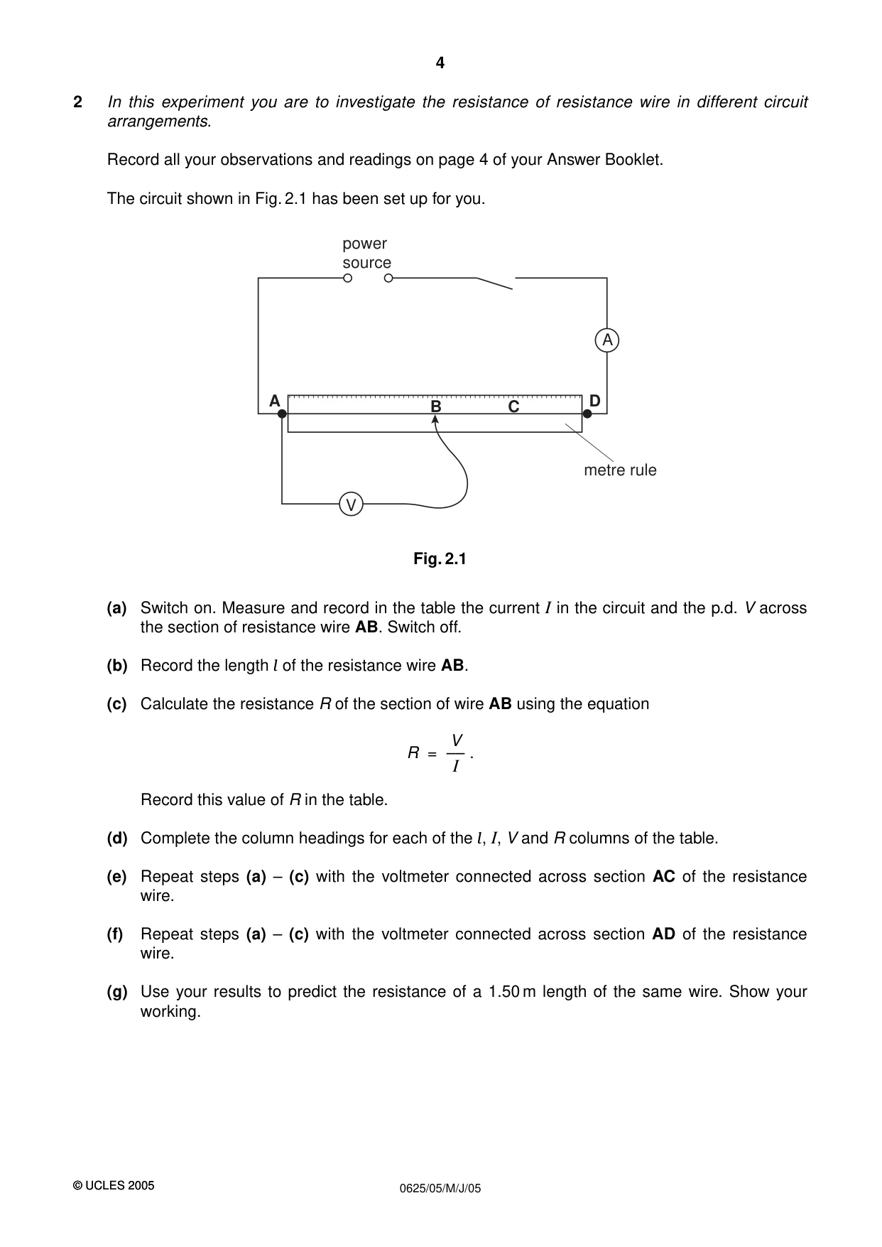 Cambridge IGCSE Physics 0625 2005 May/June Paper 5 · Variant 1 question paper, page 4 of 16