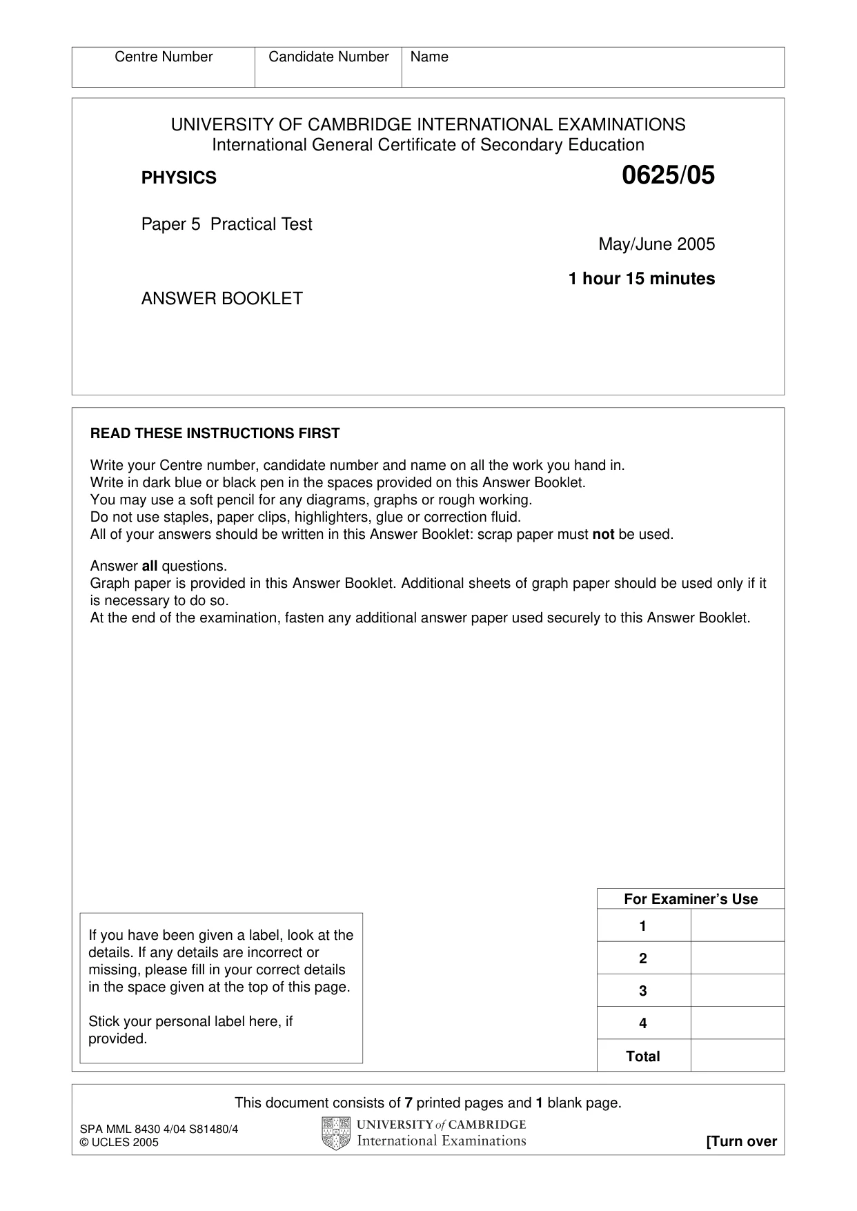 Cambridge IGCSE Physics 0625 2005 May/June Paper 5 · Variant 1 question paper, page 9 of 16