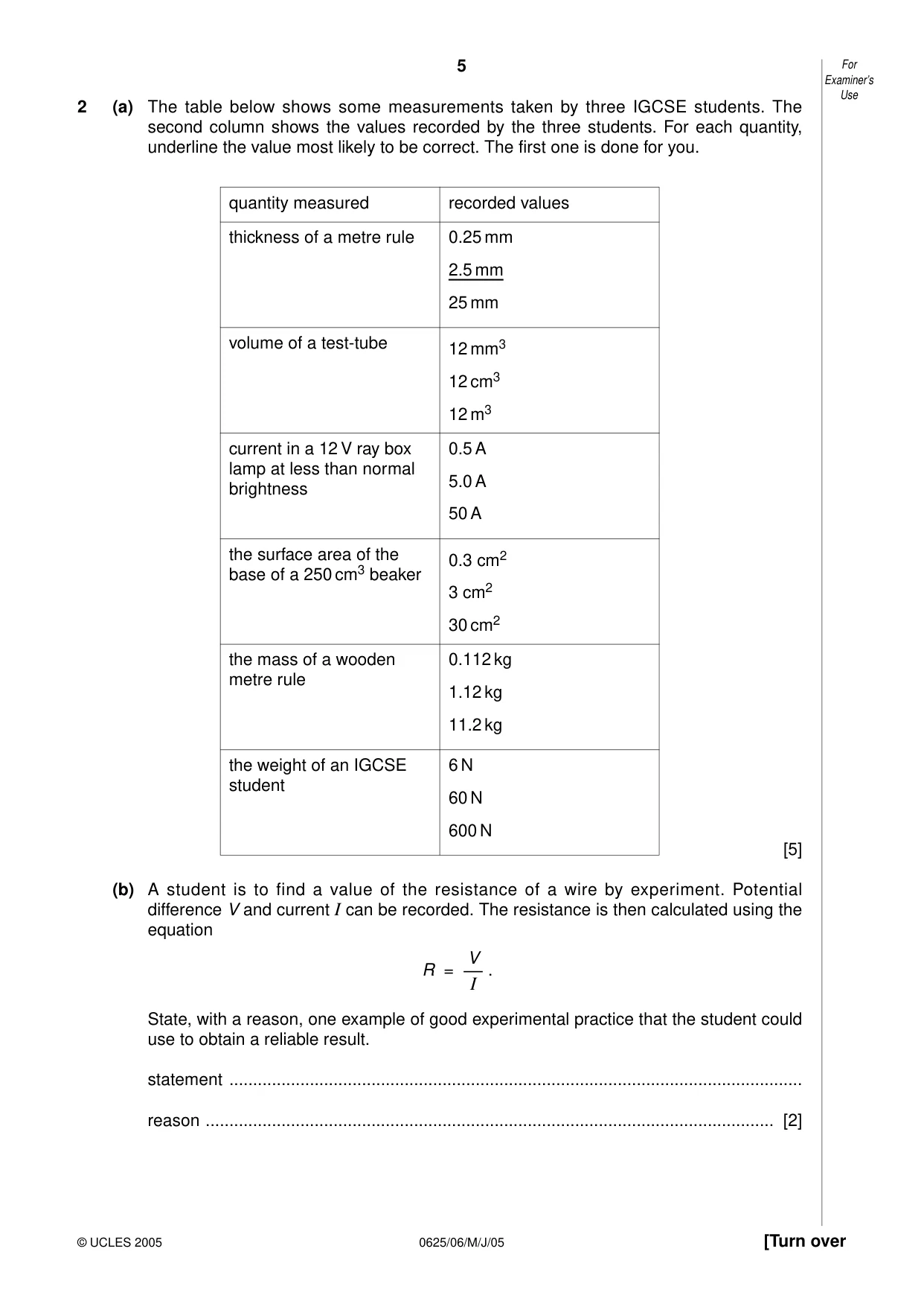 Cambridge IGCSE Physics 0625 2005 May/June Paper 6 · Variant 1 question paper, page 5 of 12