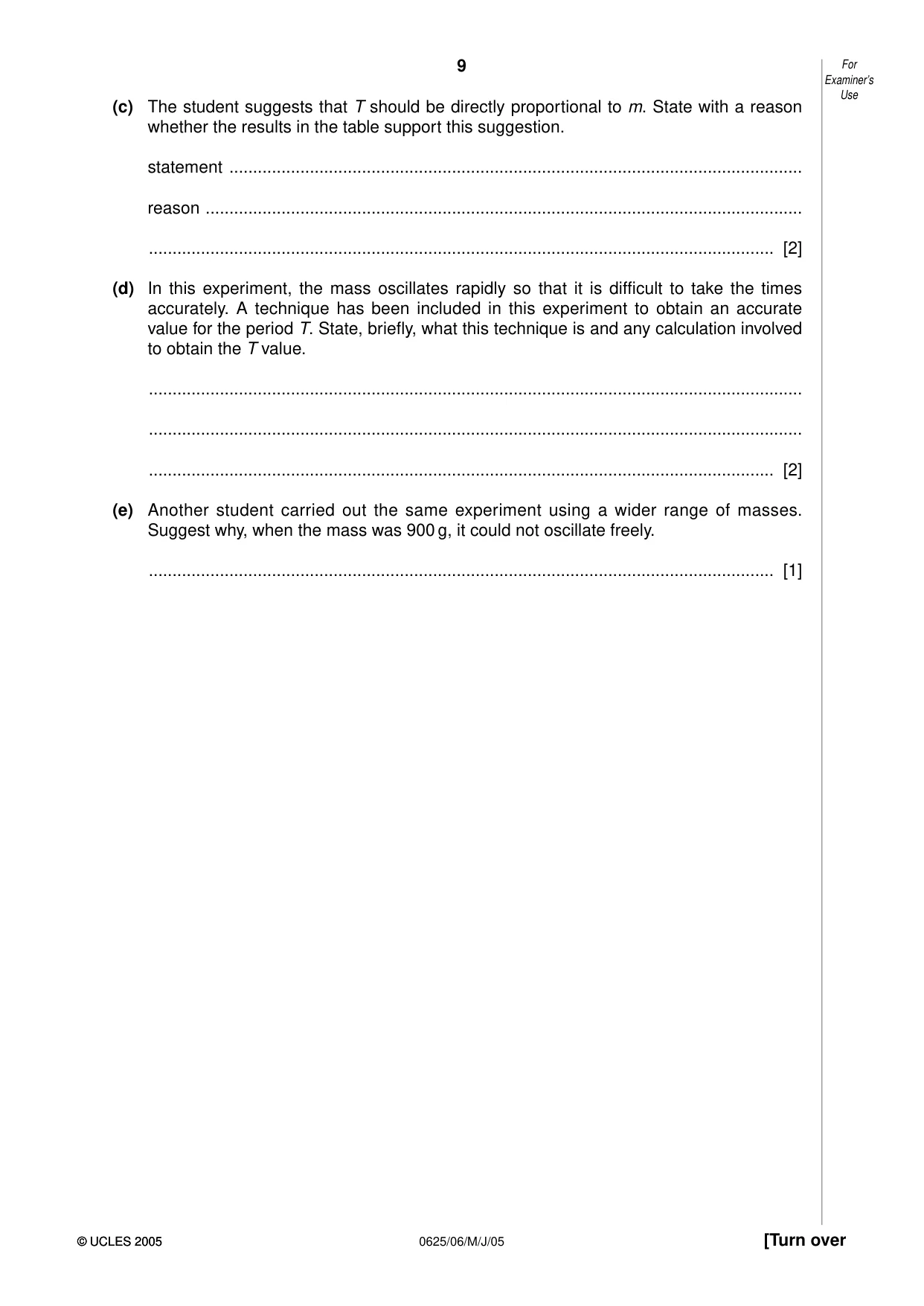 Cambridge IGCSE Physics 0625 2005 May/June Paper 6 · Variant 1 question paper, page 9 of 12