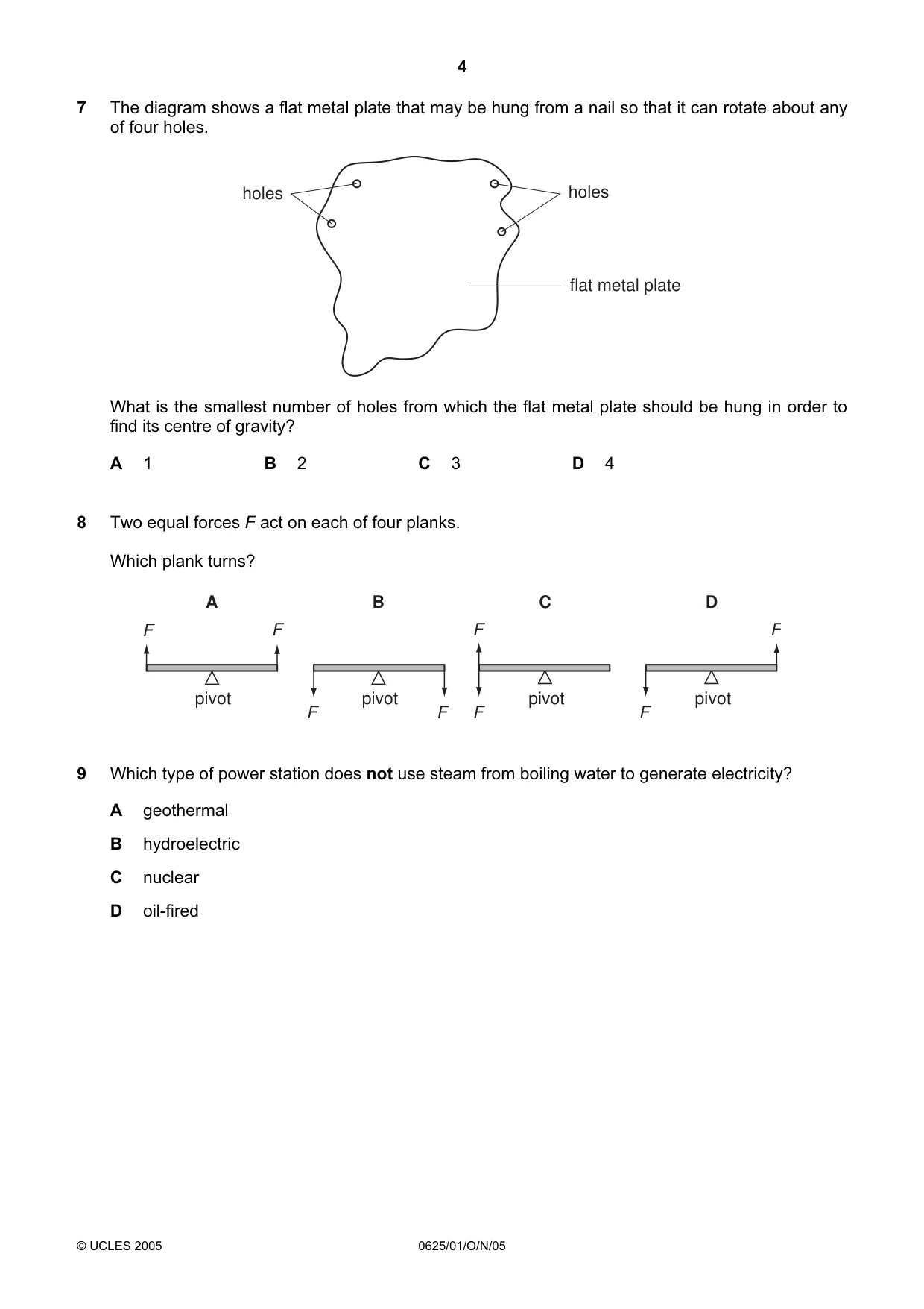 Cambridge IGCSE Physics 0625 2005 Oct/Nov Paper 1 · Variant 1 question paper, page 4 of 20