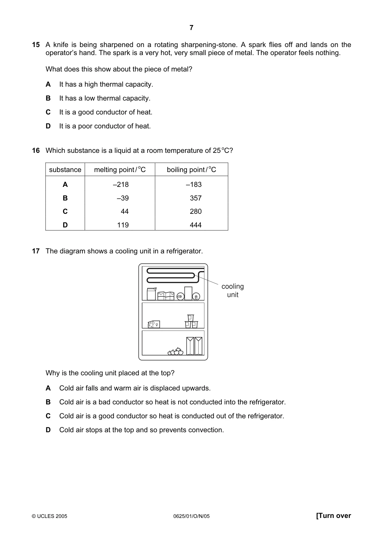 Cambridge IGCSE Physics 0625 2005 Oct/Nov Paper 1 · Variant 1 question paper, page 7 of 20