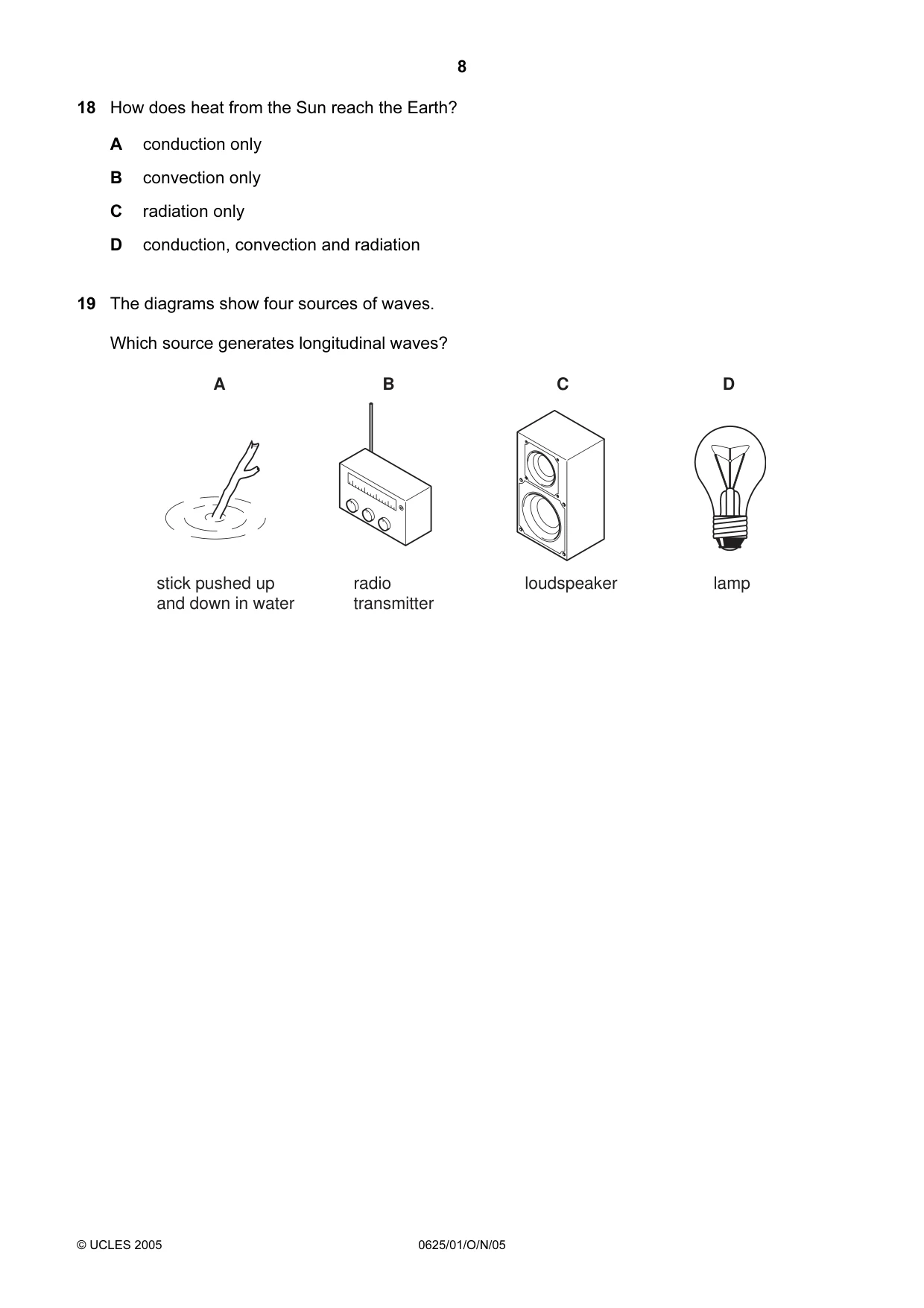 Cambridge IGCSE Physics 0625 2005 Oct/Nov Paper 1 · Variant 1 question paper, page 8 of 20