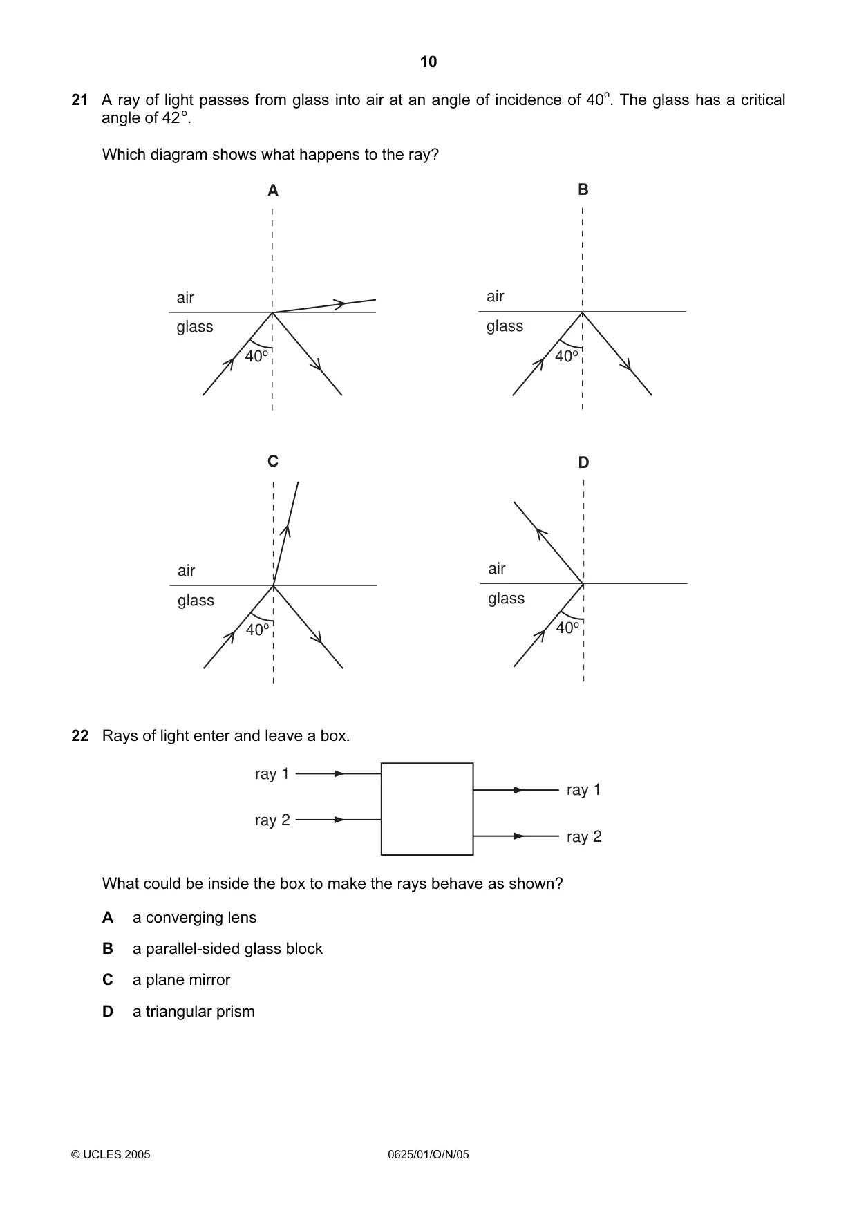 Cambridge IGCSE Physics 0625 2005 Oct/Nov Paper 1 · Variant 1 question paper, page 10 of 20