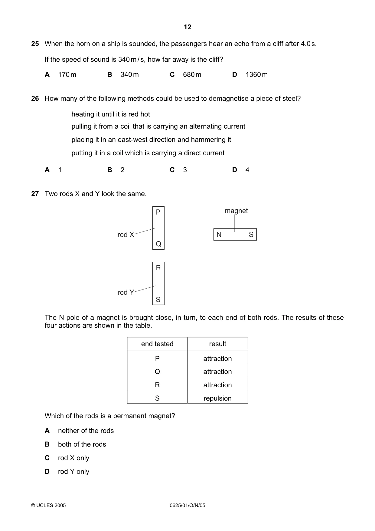 Cambridge IGCSE Physics 0625 2005 Oct/Nov Paper 1 · Variant 1 question paper, page 12 of 20