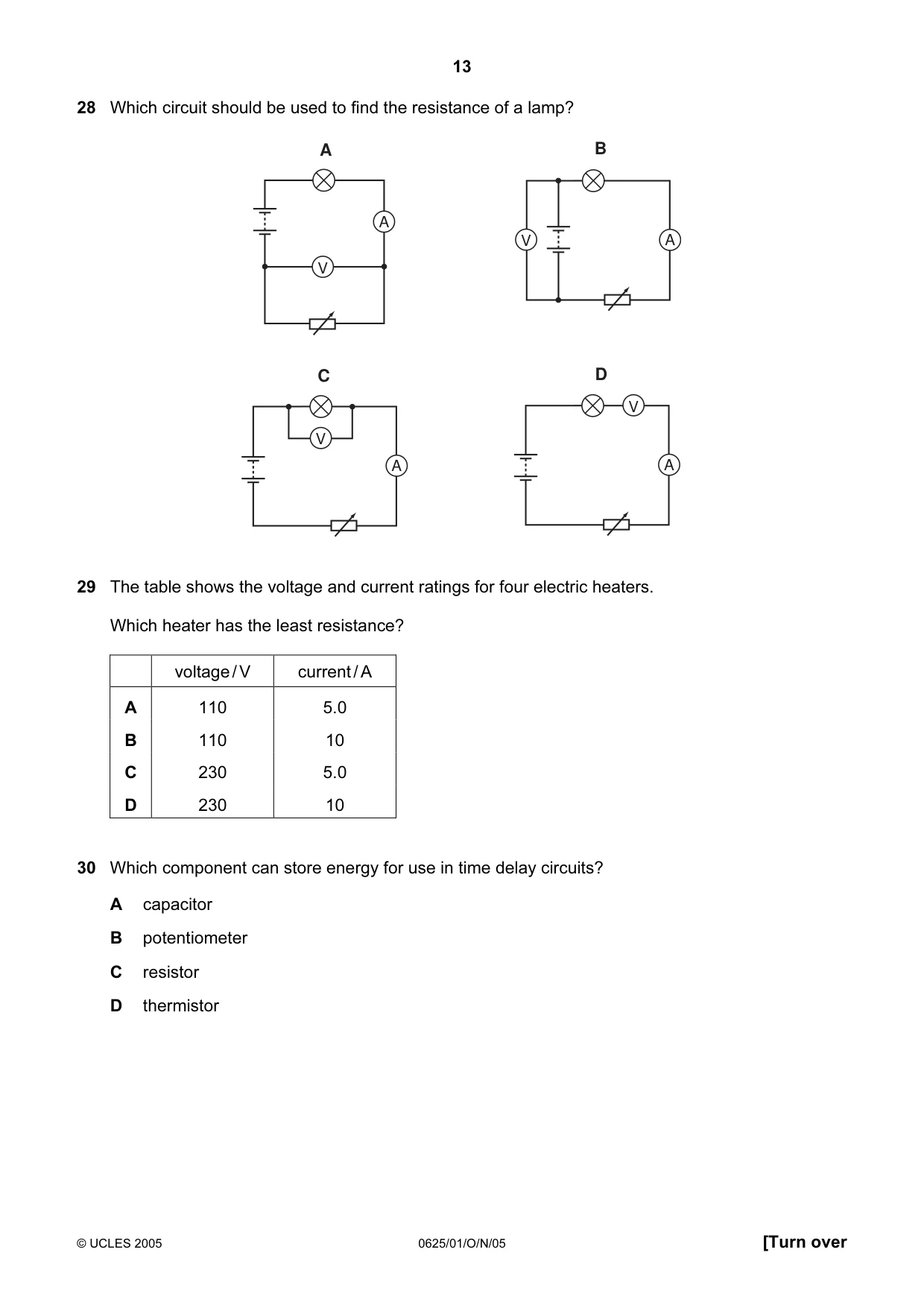 Cambridge IGCSE Physics 0625 2005 Oct/Nov Paper 1 · Variant 1 question paper, page 13 of 20