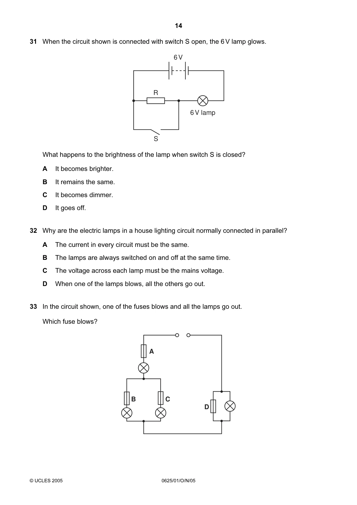 Cambridge IGCSE Physics 0625 2005 Oct/Nov Paper 1 · Variant 1 question paper, page 14 of 20