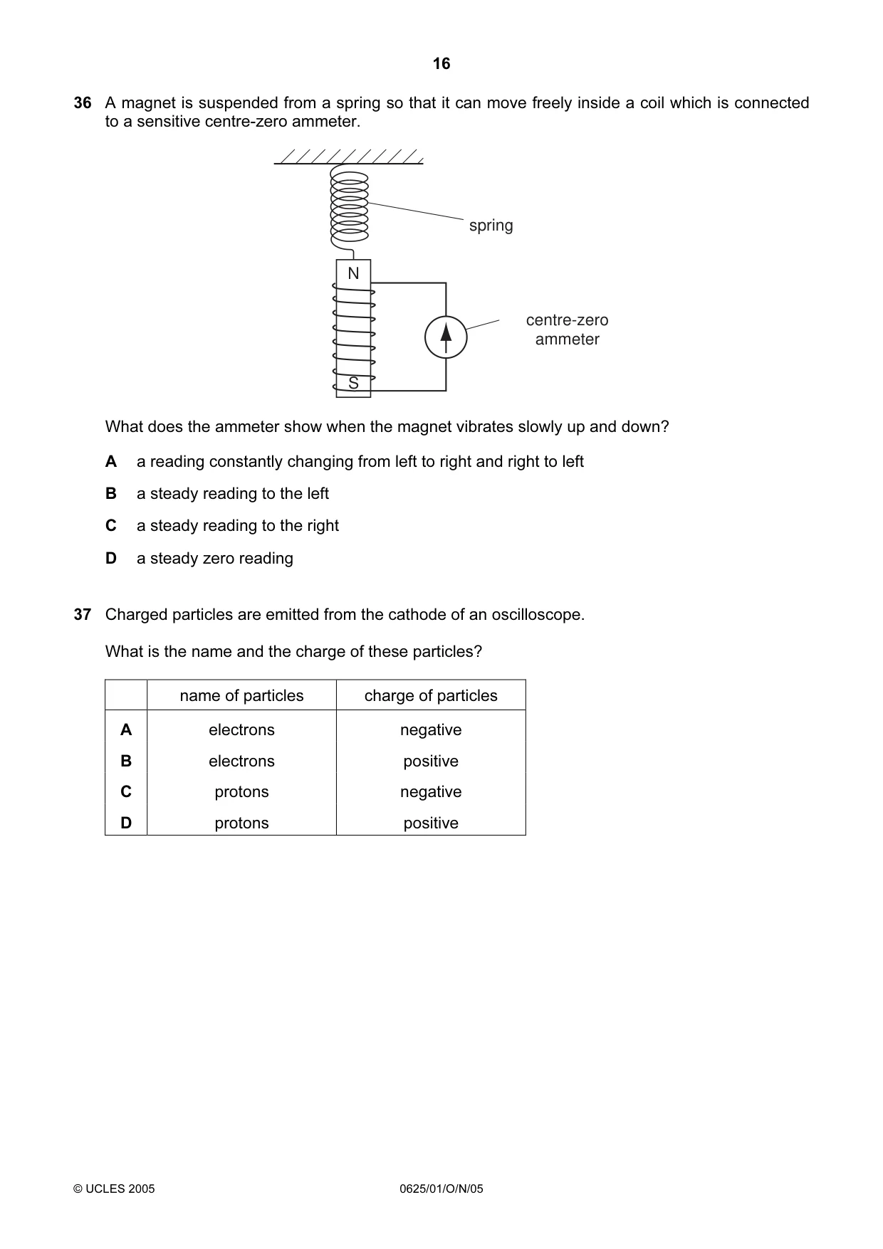 Cambridge IGCSE Physics 0625 2005 Oct/Nov Paper 1 · Variant 1 question paper, page 16 of 20