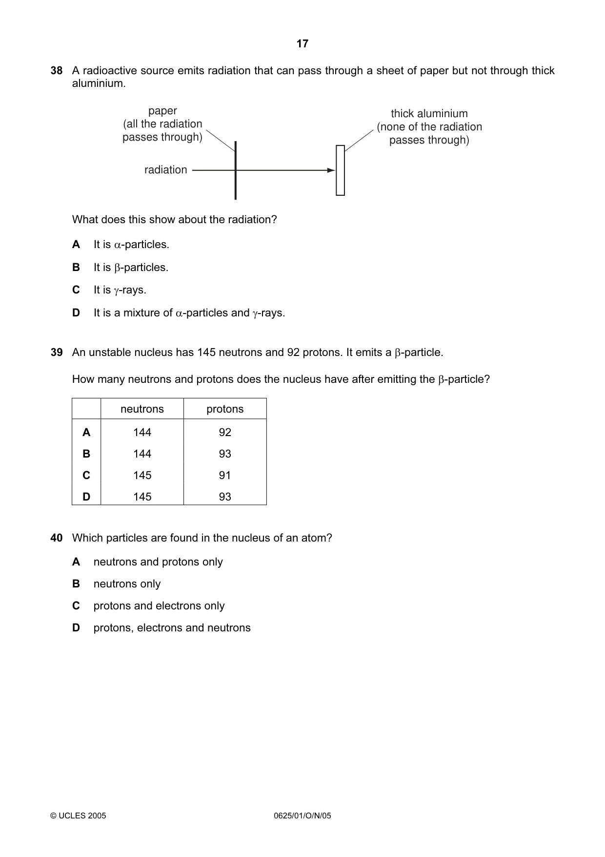 Cambridge IGCSE Physics 0625 2005 Oct/Nov Paper 1 · Variant 1 question paper, page 17 of 20
