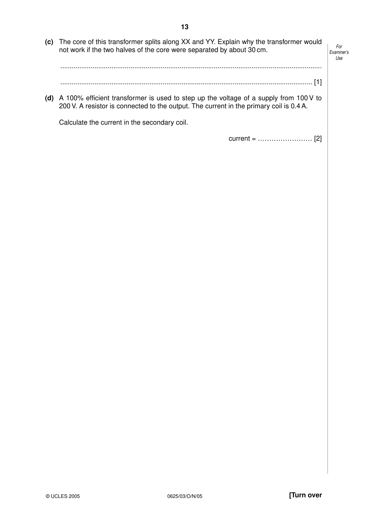 Cambridge IGCSE Physics 0625 2005 Oct/Nov Paper 3 · Variant 1 question paper, page 13 of 16