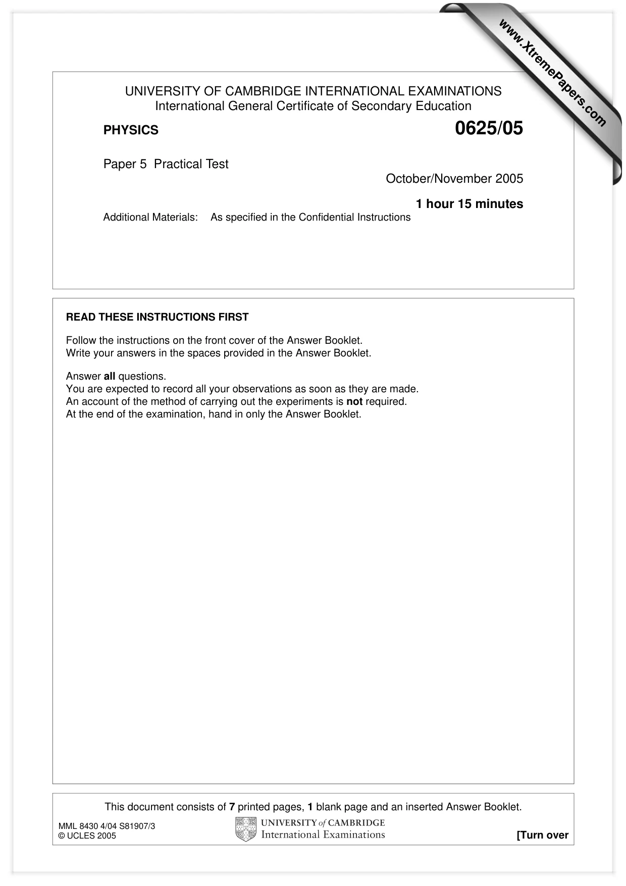 Cambridge IGCSE Physics 0625 2005 Oct/Nov Paper 5 · Variant 1 question paper, page 1 of 8